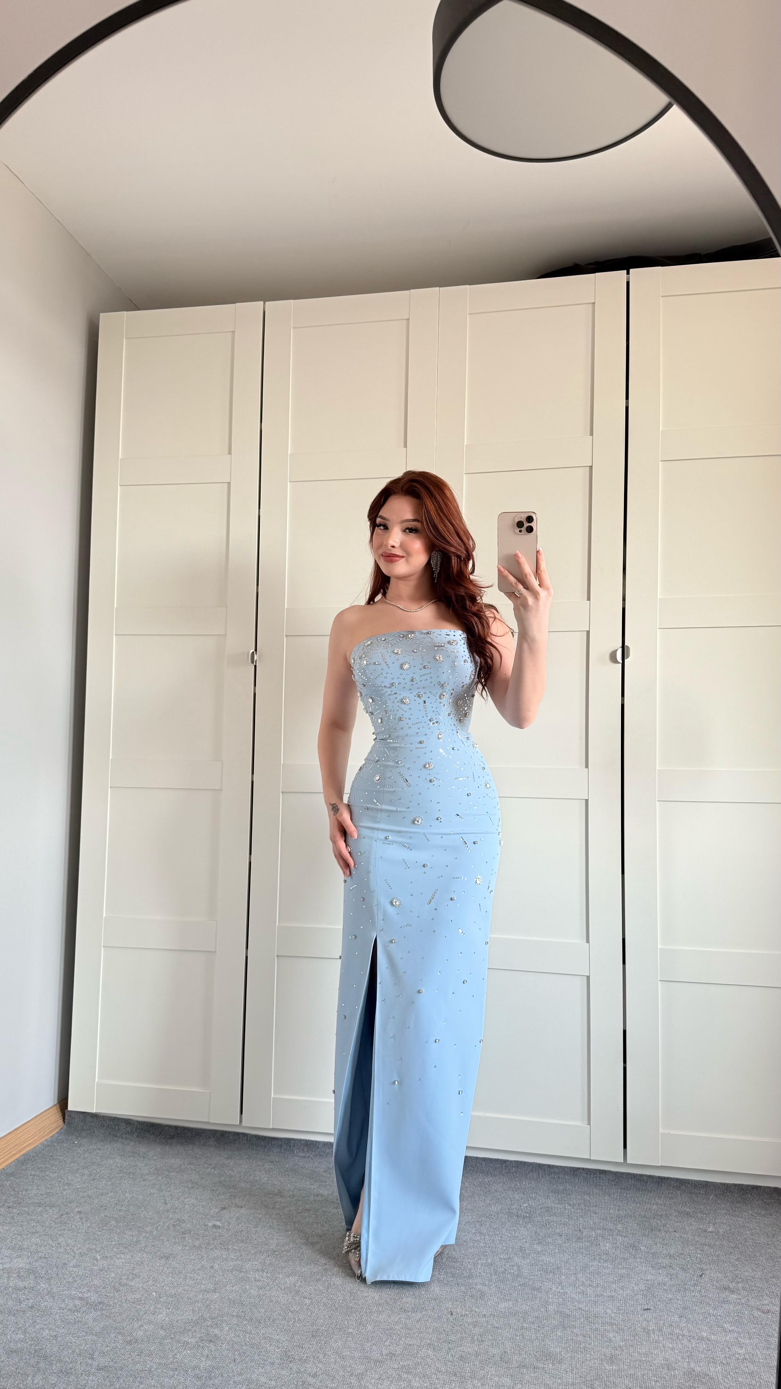Luxury Straplez Taşlı Abiye Bebe Mavisi