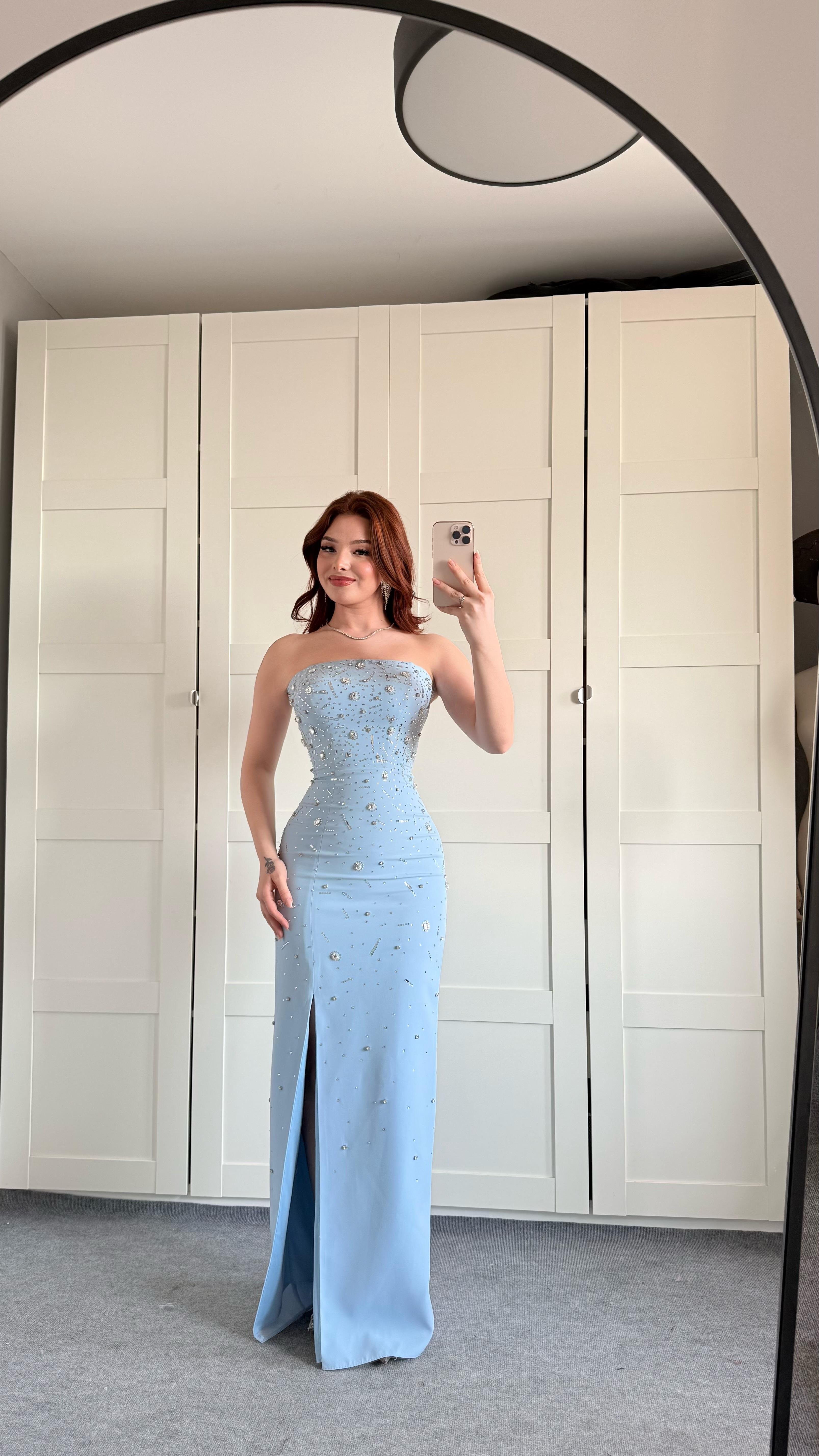 Luxury Straplez Taşlı Abiye Bebe Mavisi