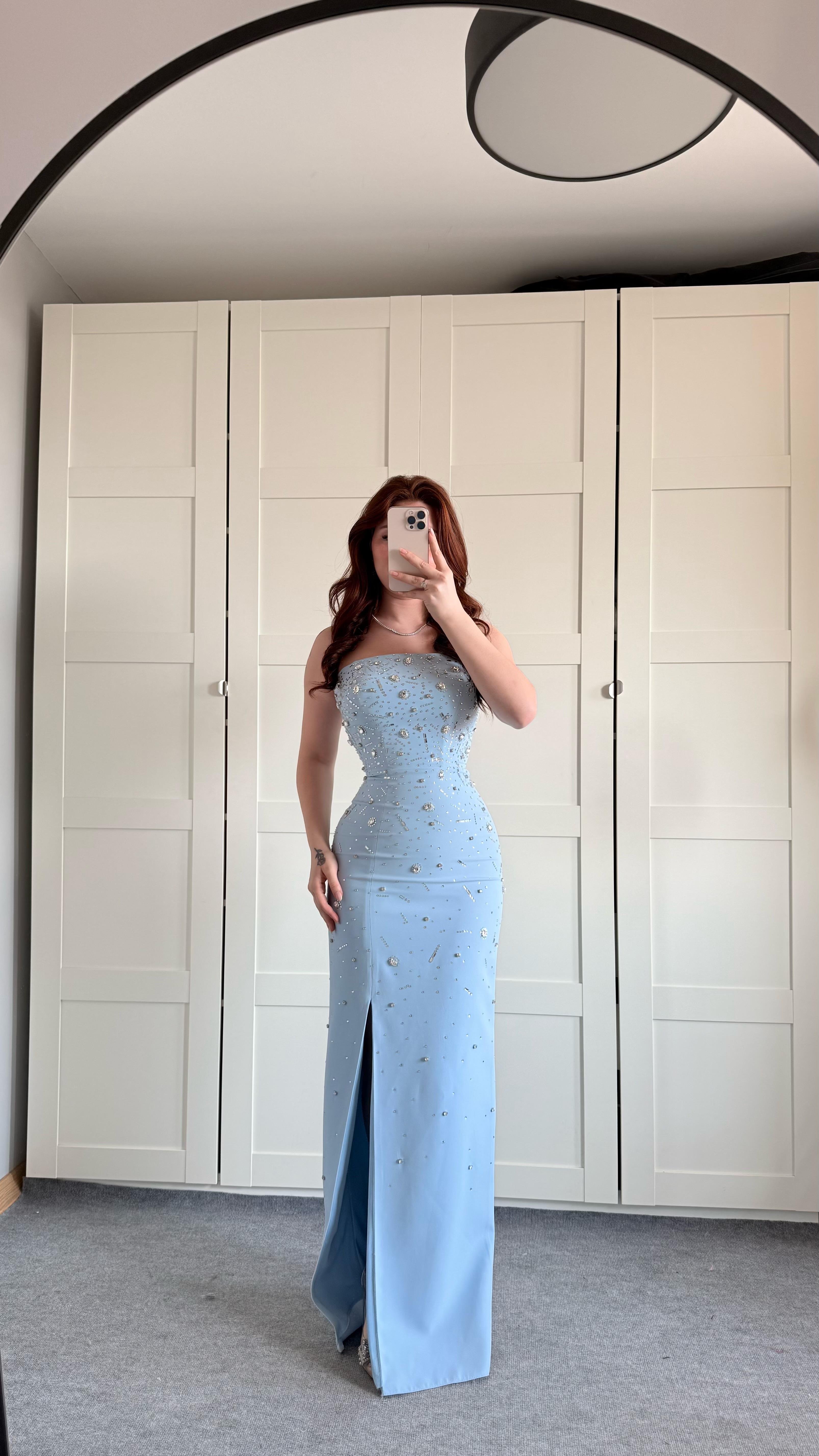 Luxury Straplez Taşlı Abiye Bebe Mavisi