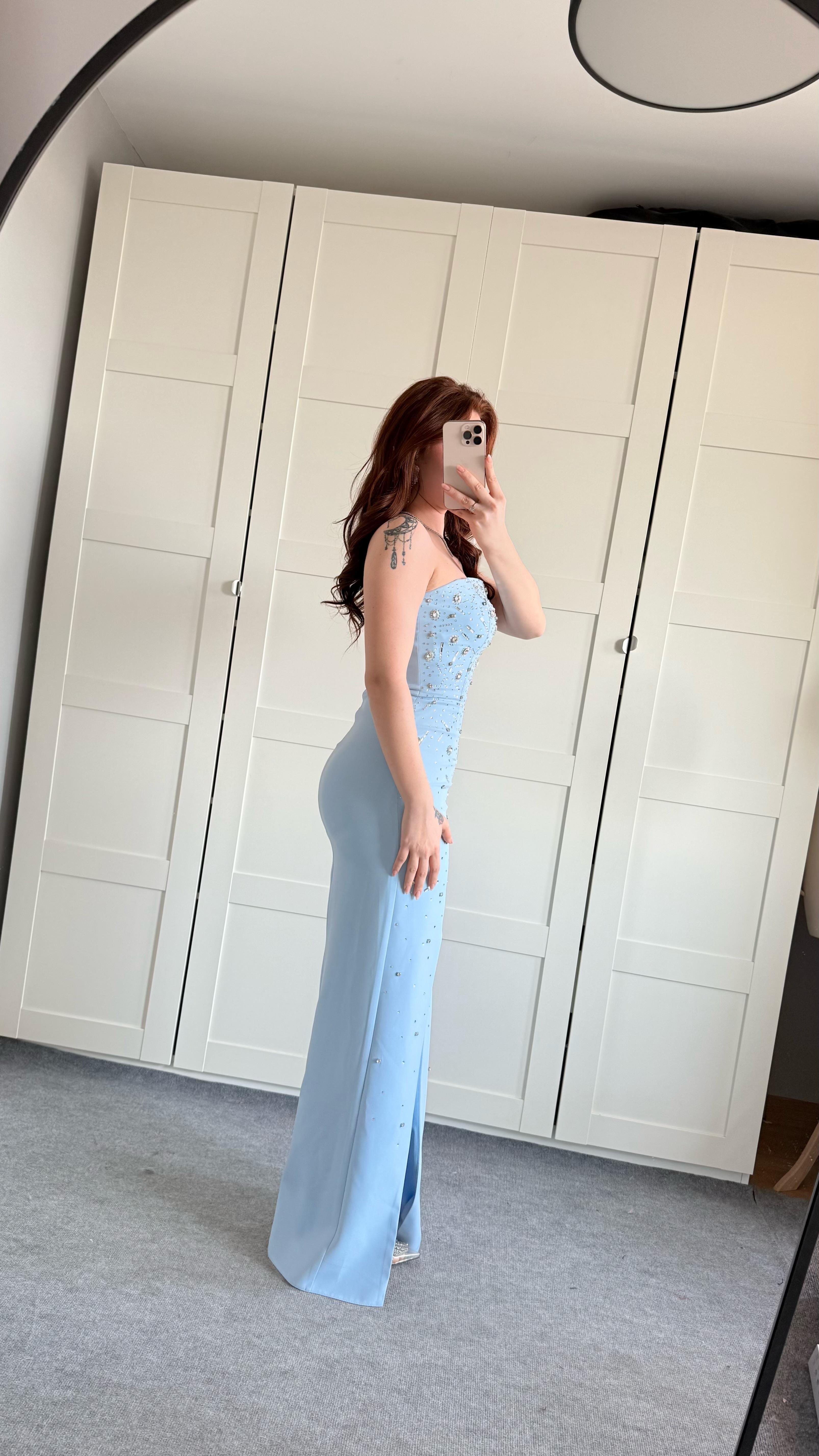 Luxury Straplez Taşlı Abiye Bebe Mavisi