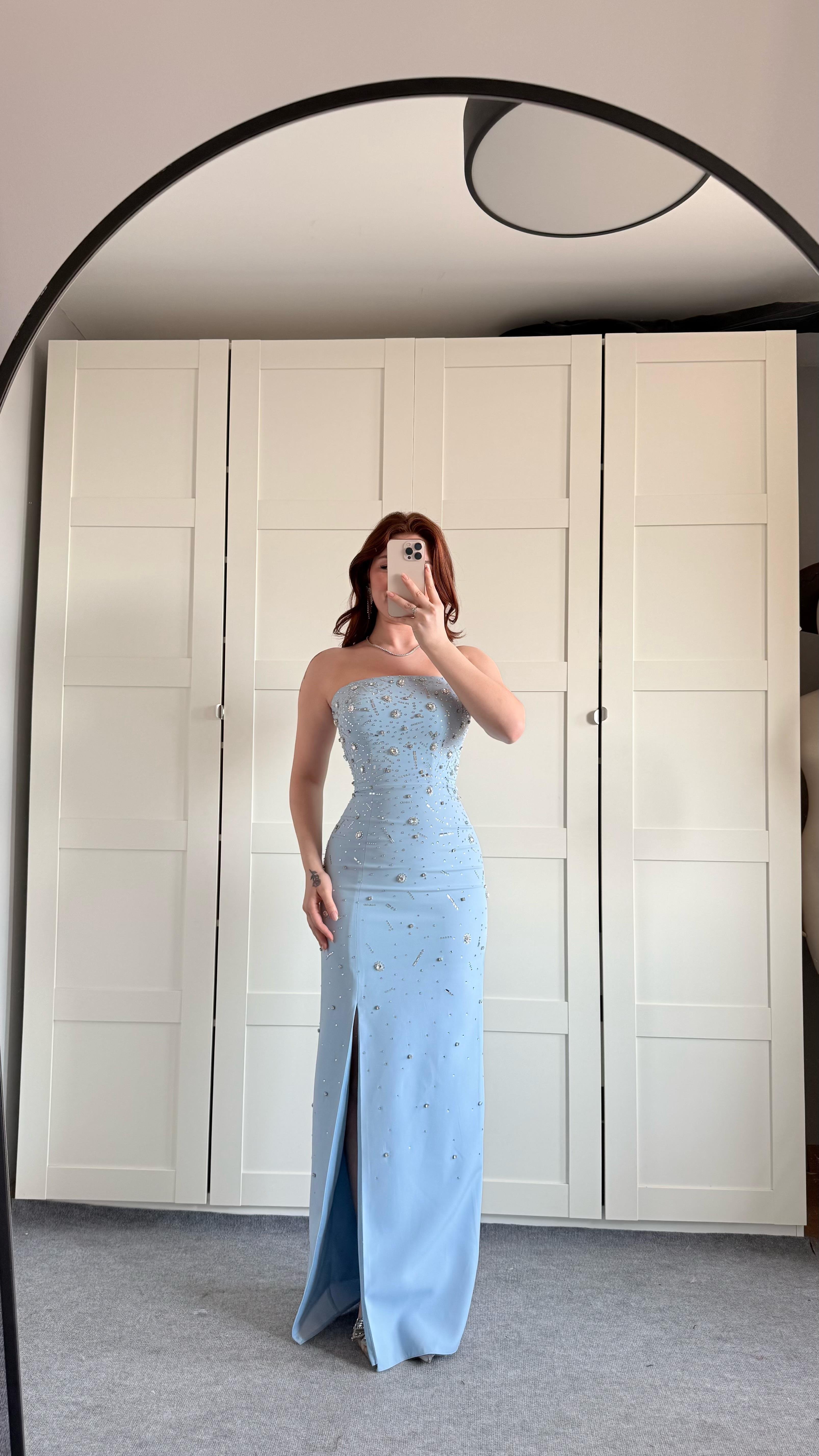 Luxury Straplez Taşlı Abiye Bebe Mavisi