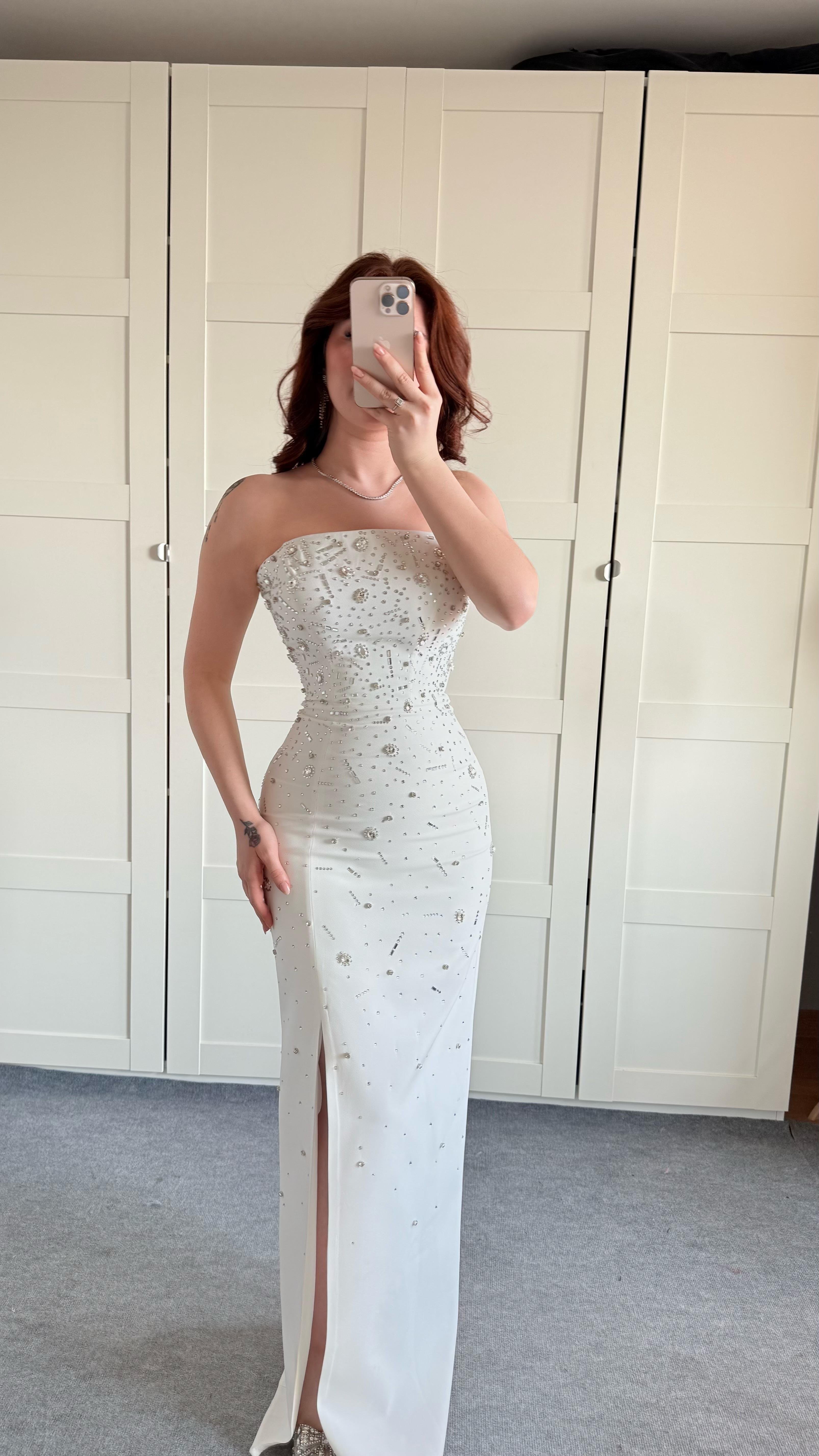 Luxury Straplez Taşlı Abiye Beyaz