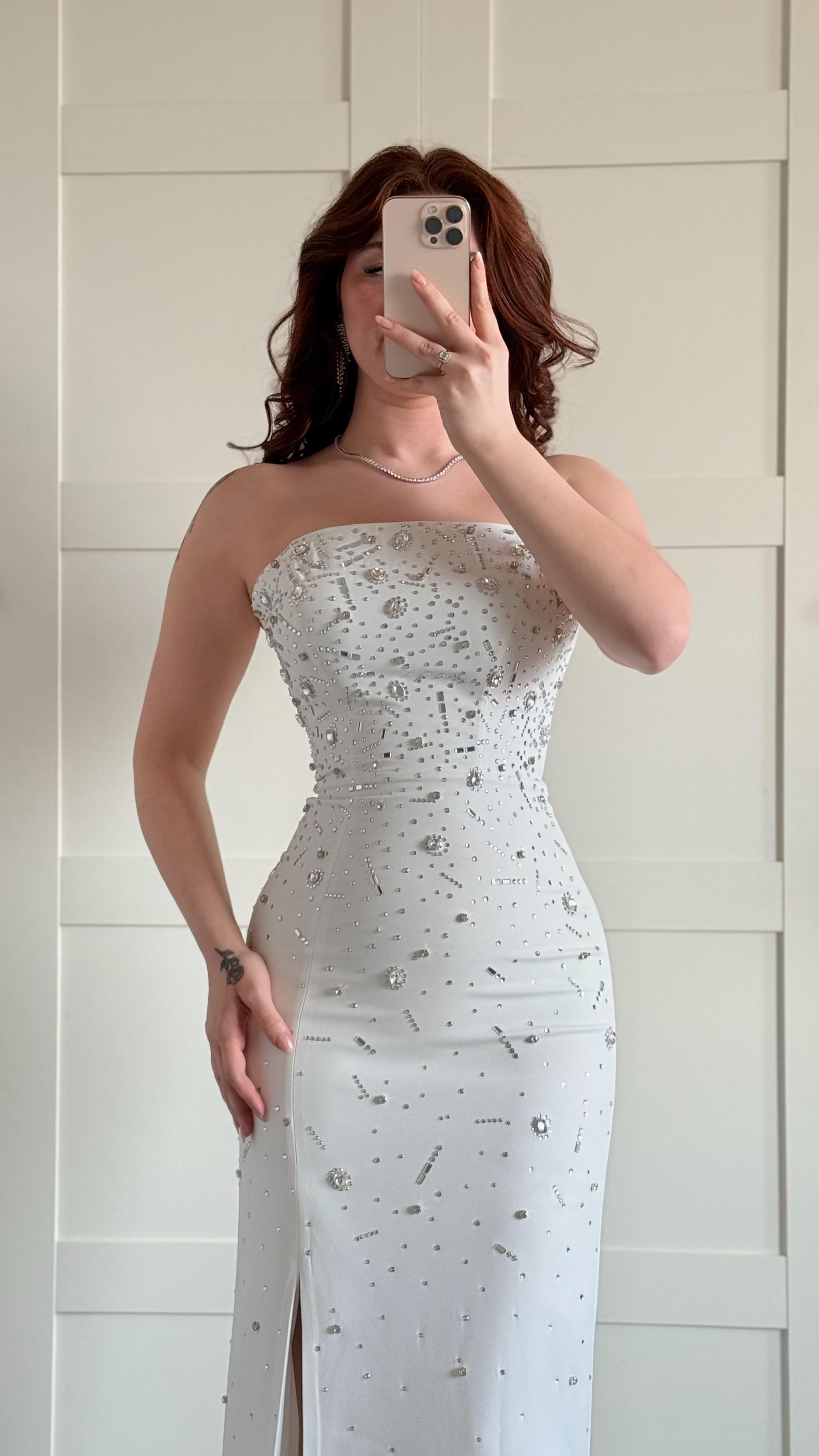 Luxury Straplez Taşlı Abiye Beyaz