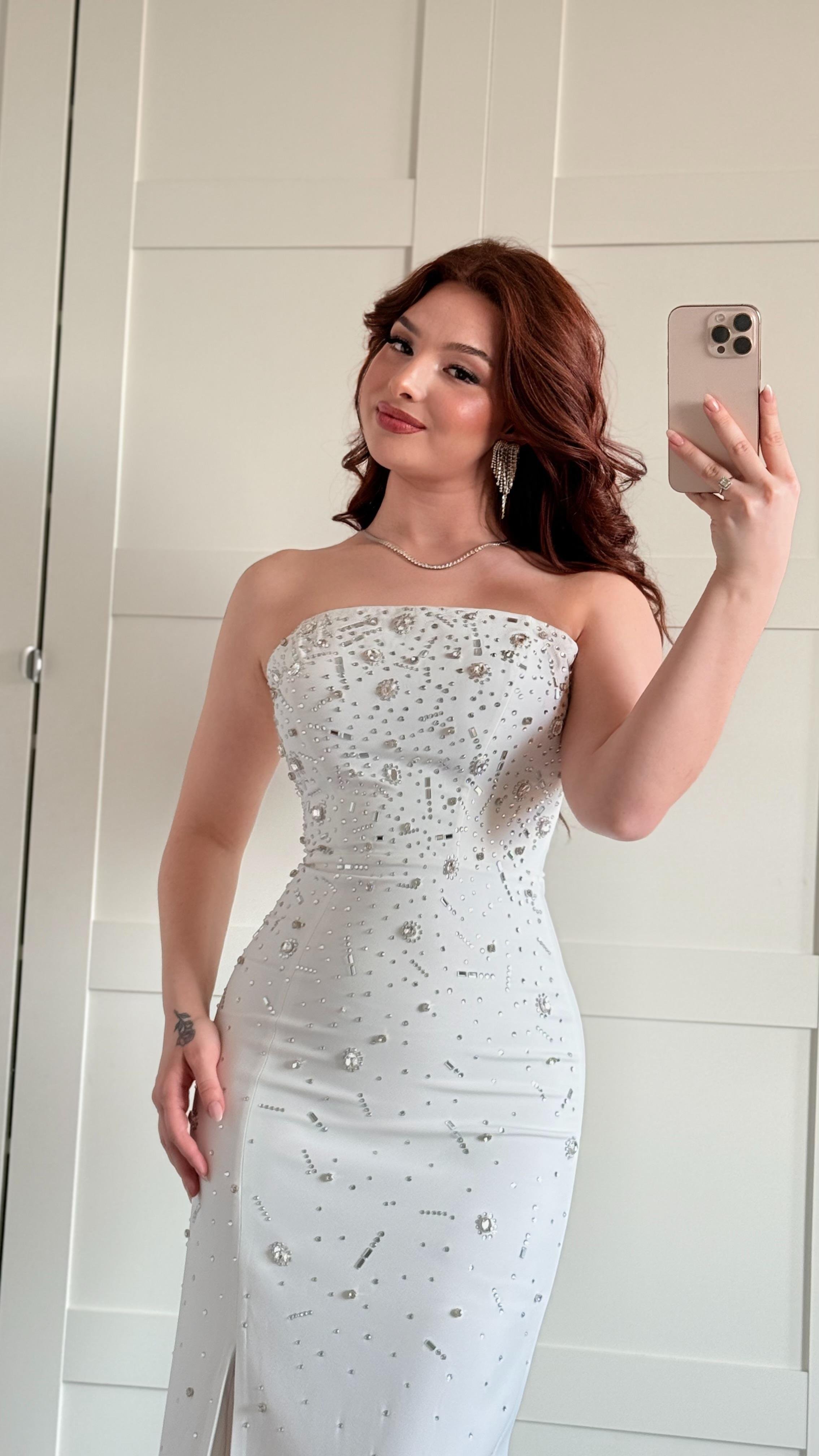 Luxury Straplez Taşlı Abiye Beyaz