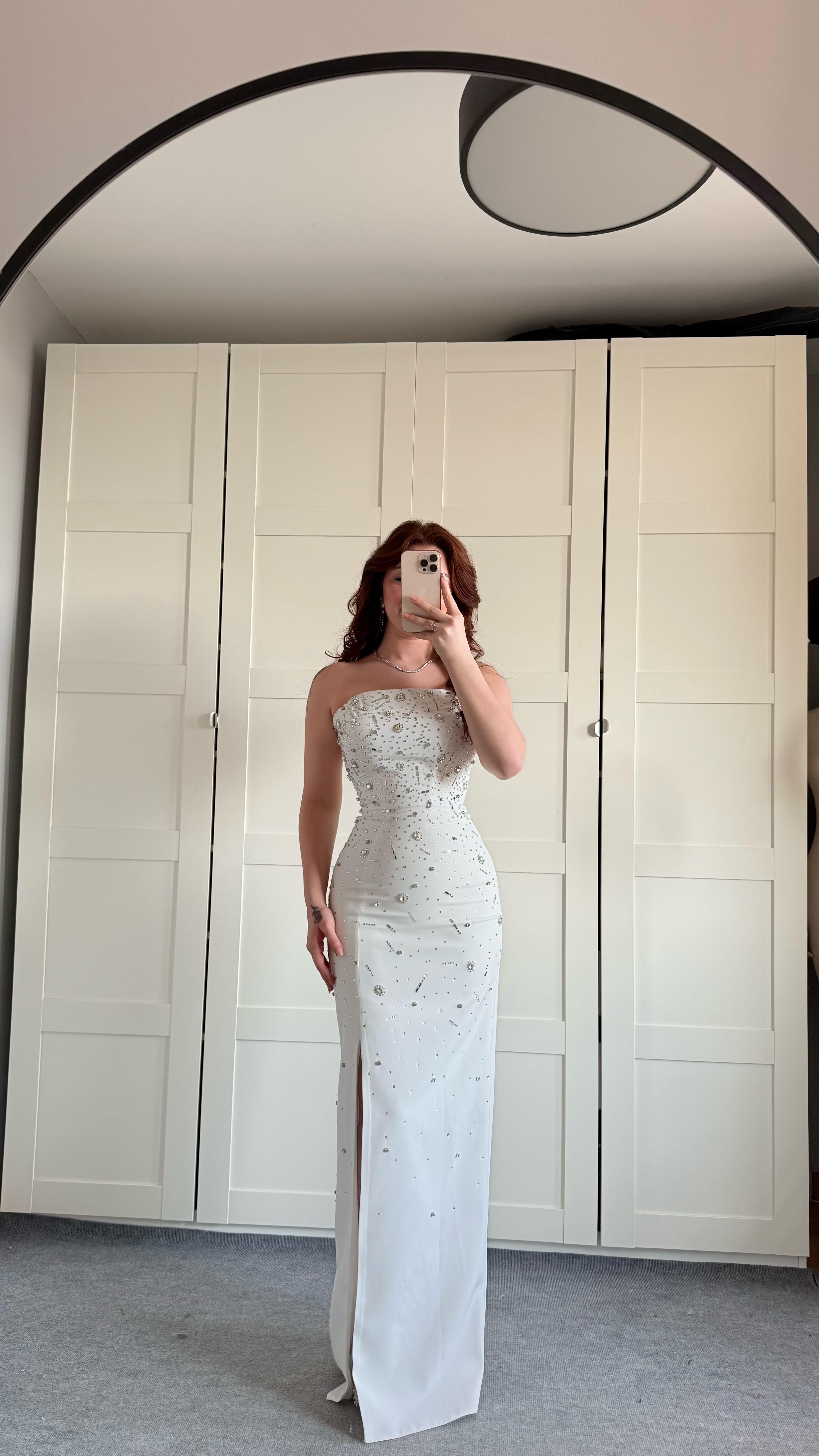 Luxury Straplez Taşlı Abiye Beyaz
