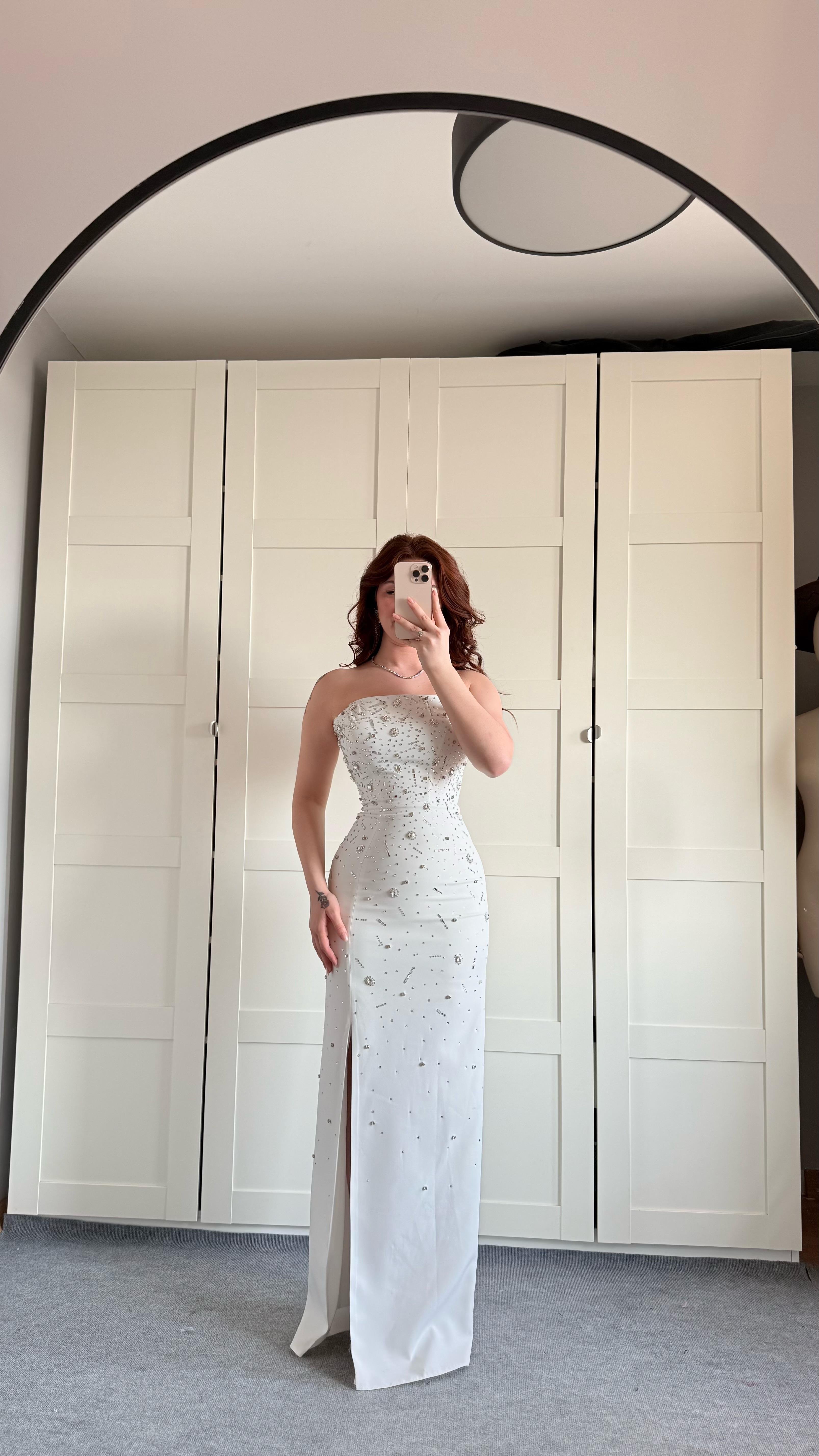 Luxury Straplez Taşlı Abiye Beyaz