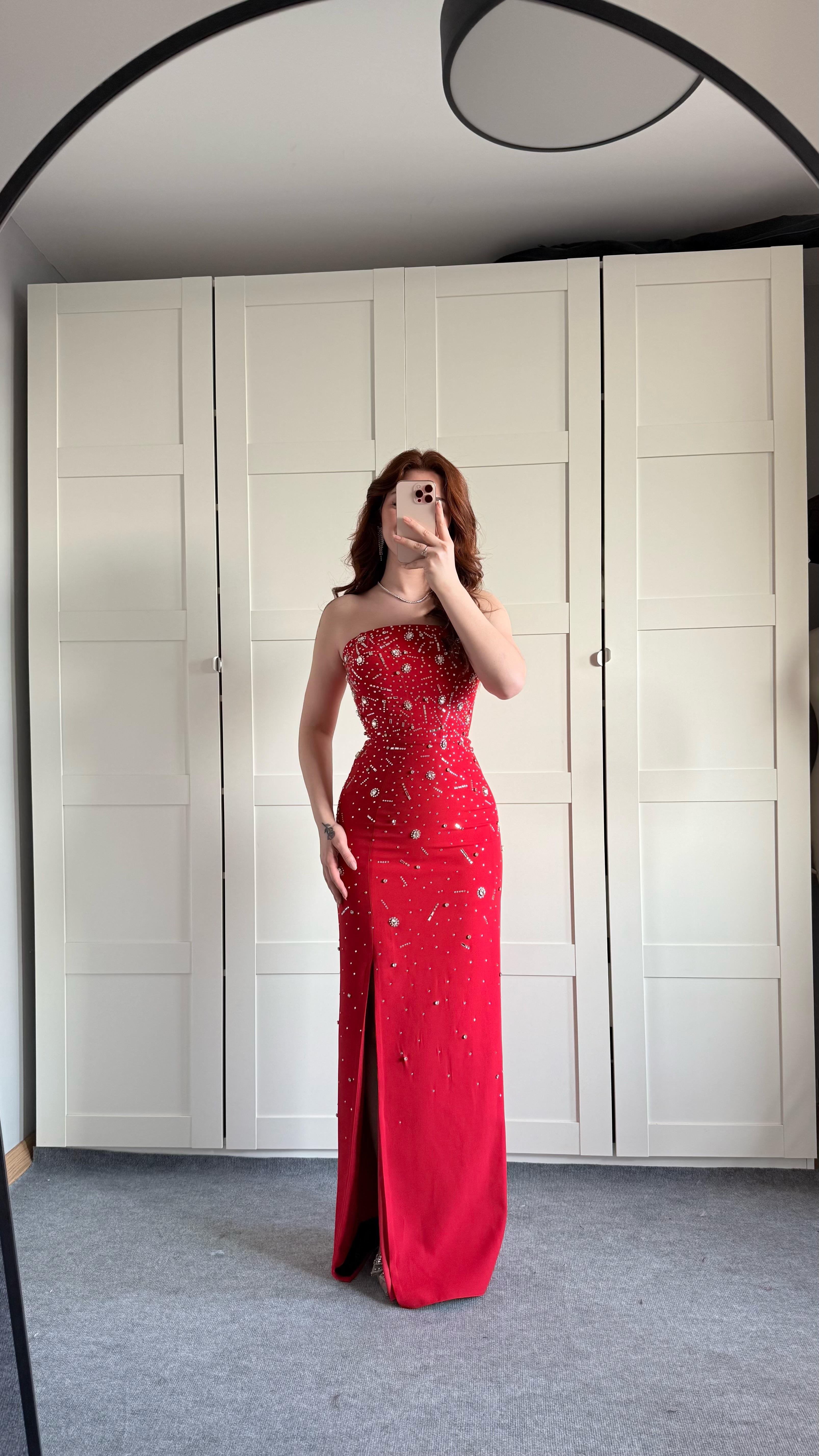 Luxury Straplez Taşlı Abiye Kırmızı