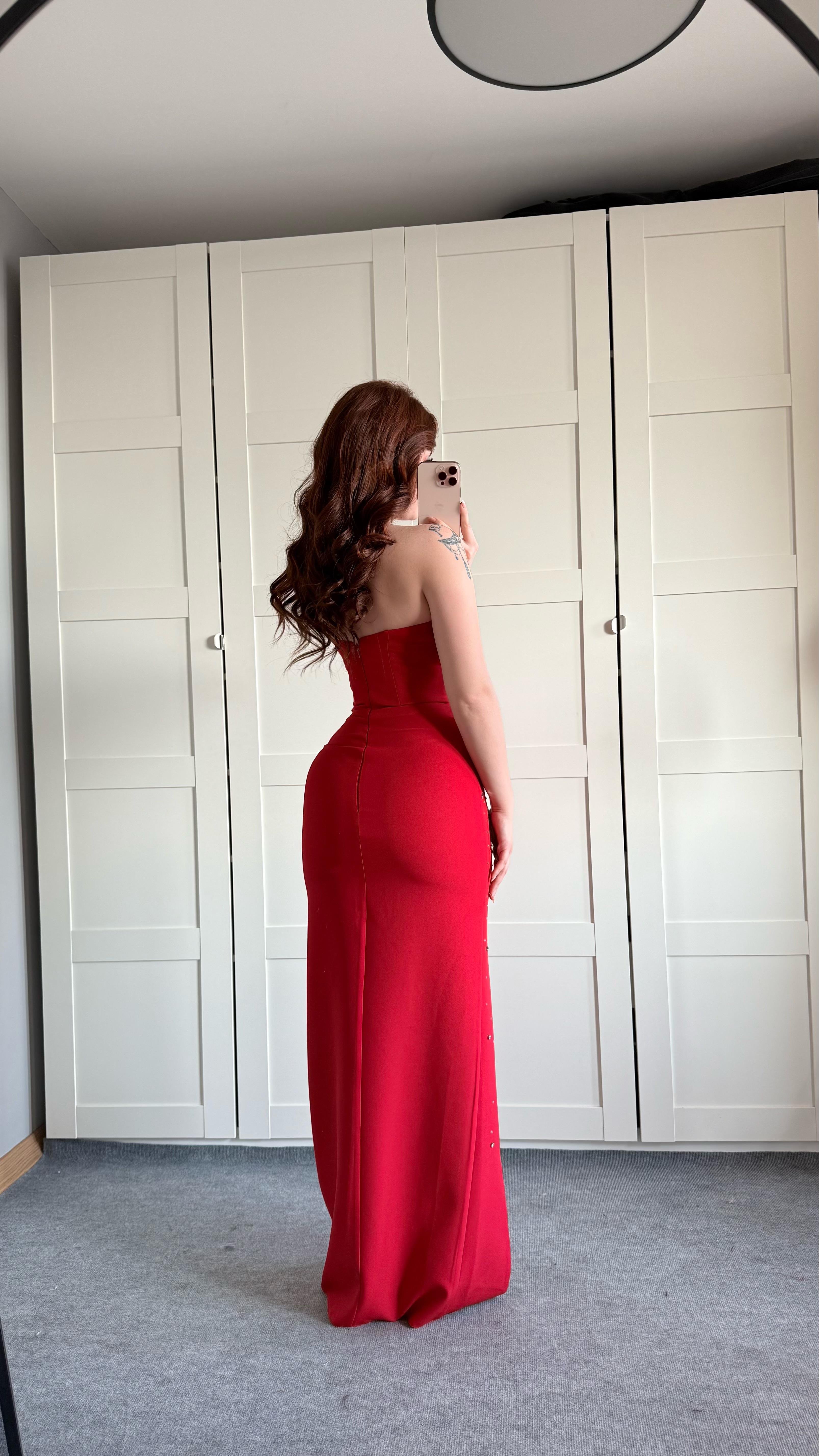 Luxury Straplez Taşlı Abiye Kırmızı
