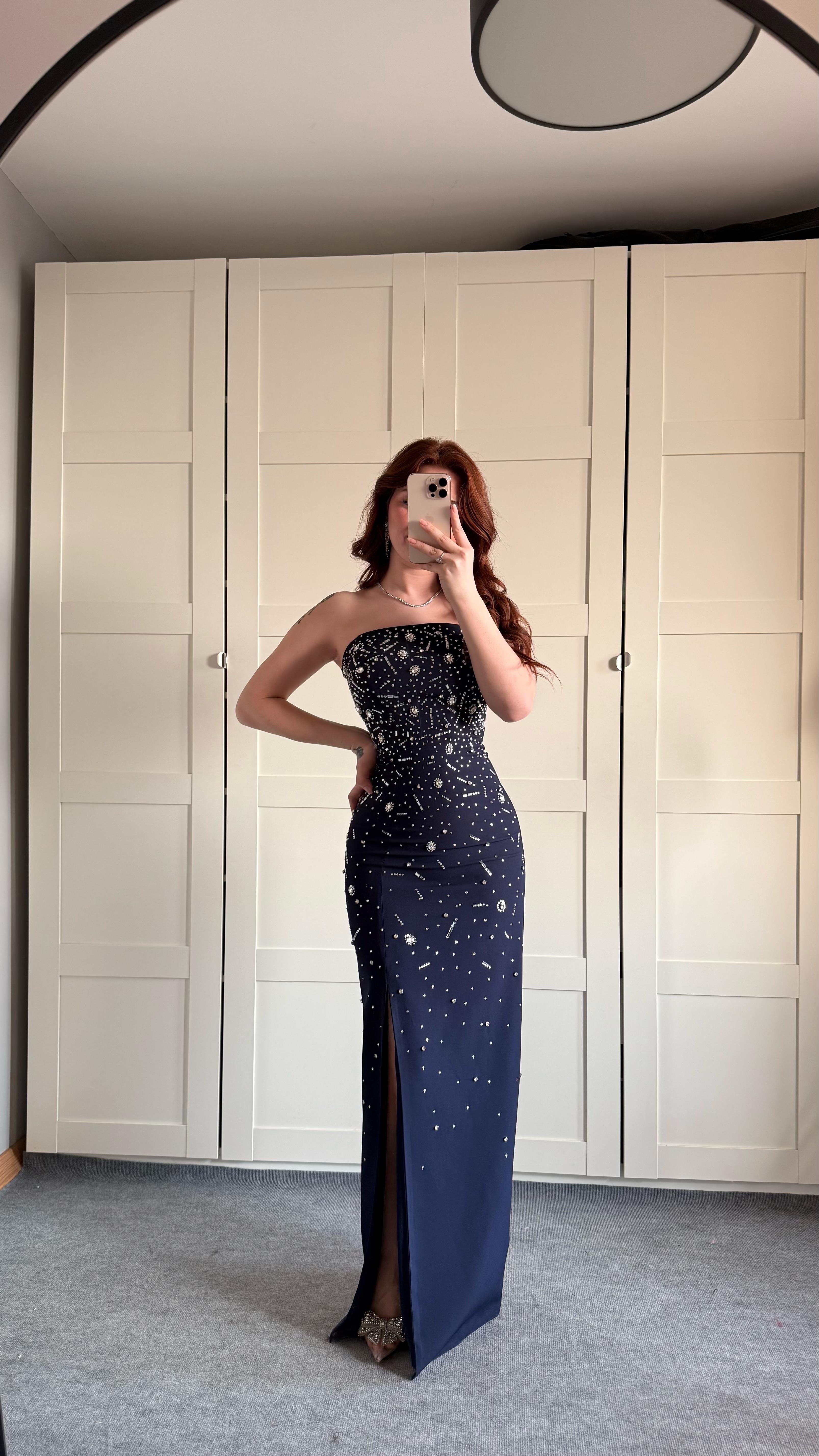Luxury Straplez Taşlı Abiye Lacivert