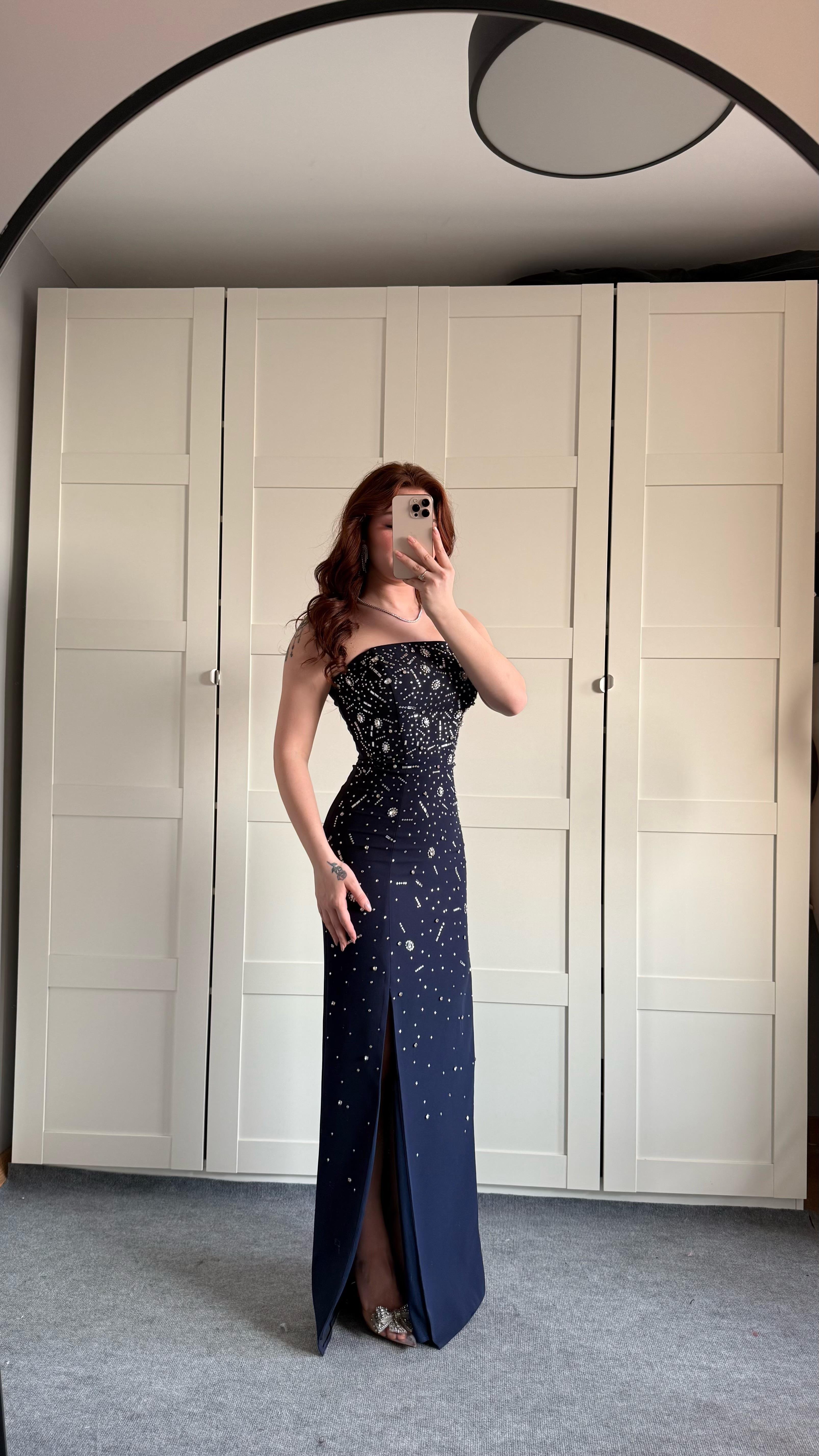 Luxury Straplez Taşlı Abiye Lacivert
