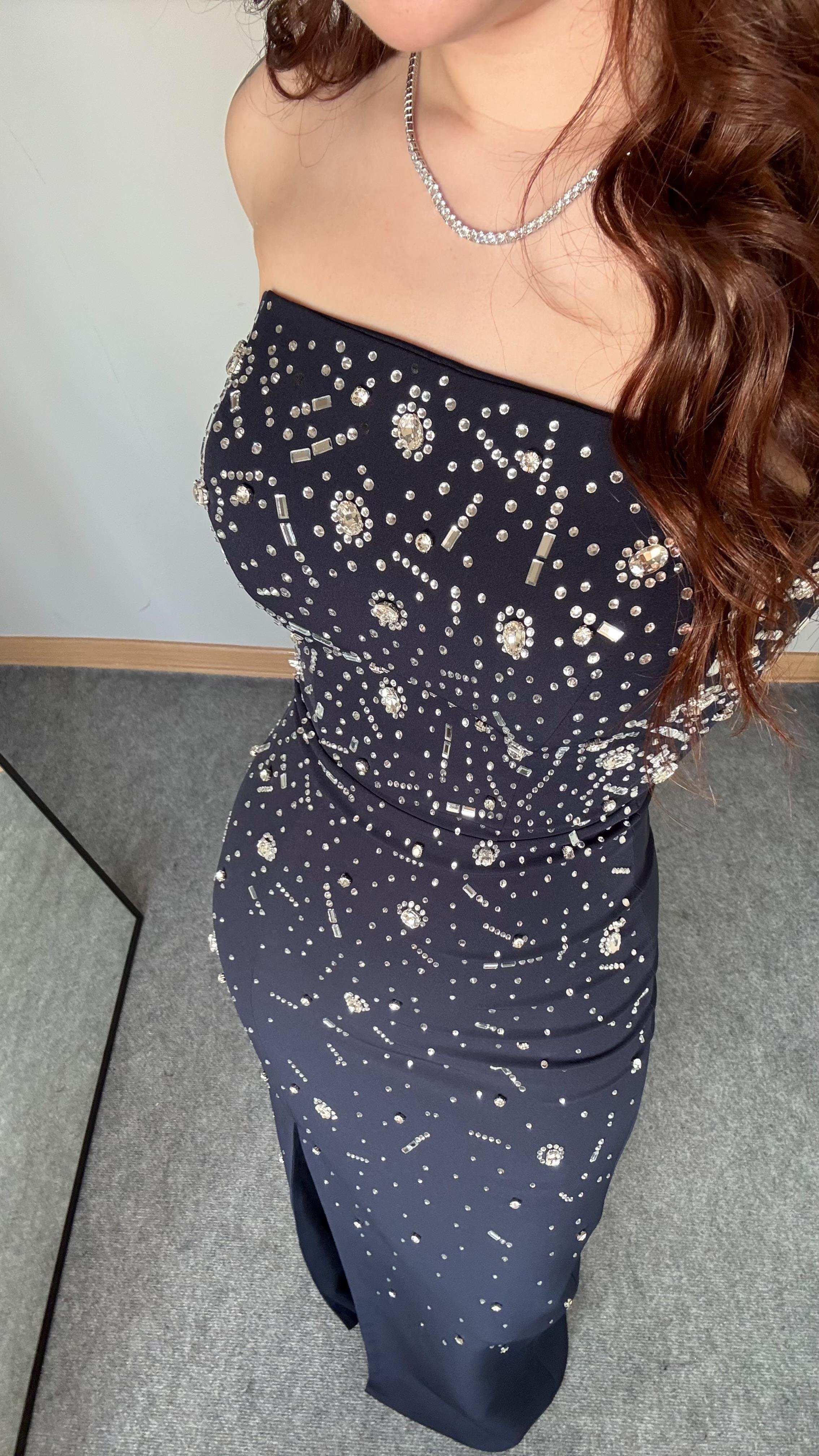 Luxury Straplez Taşlı Abiye Lacivert