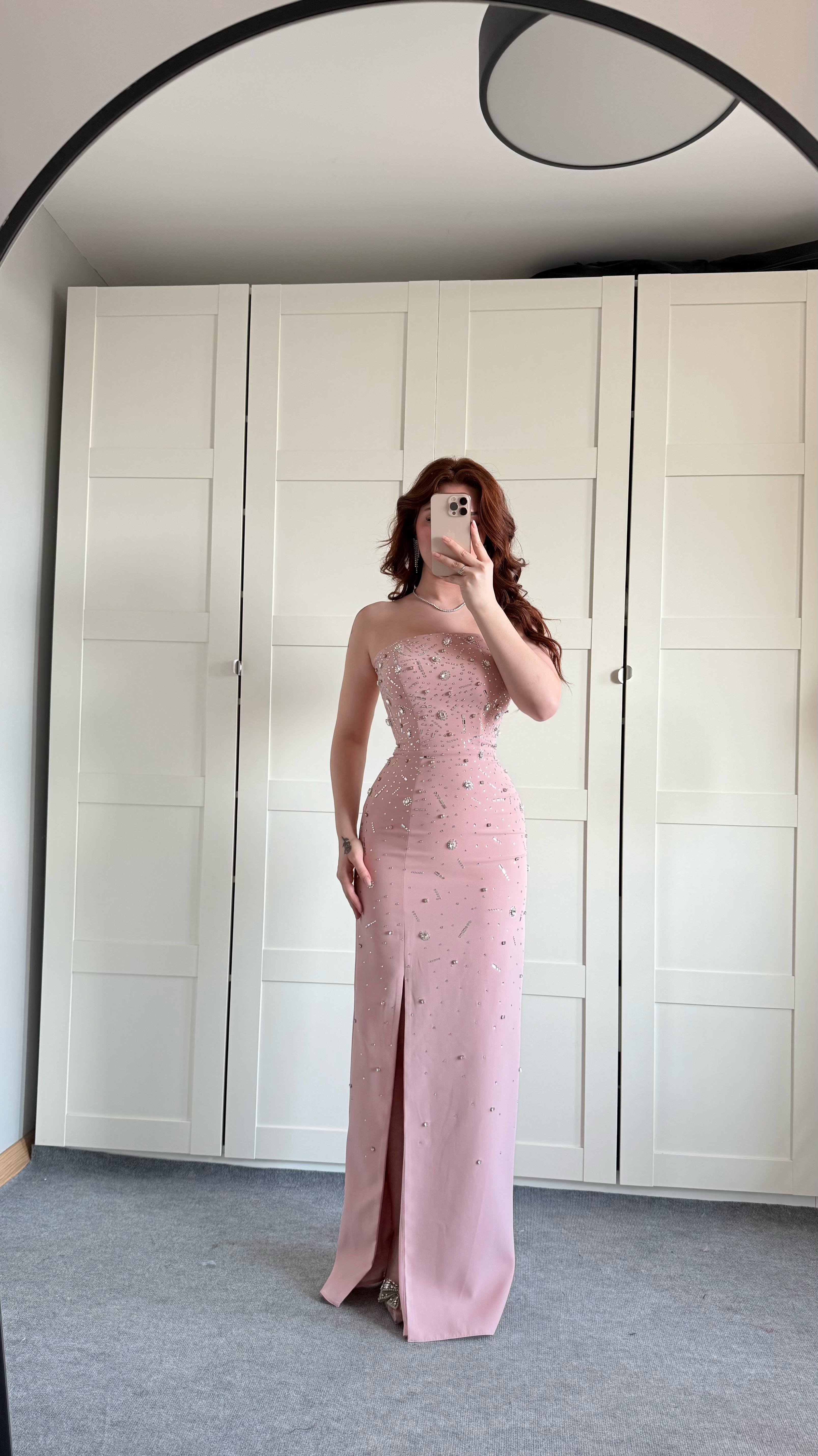 Luxury Straplez Taşlı Abiye Pudra Pembesi