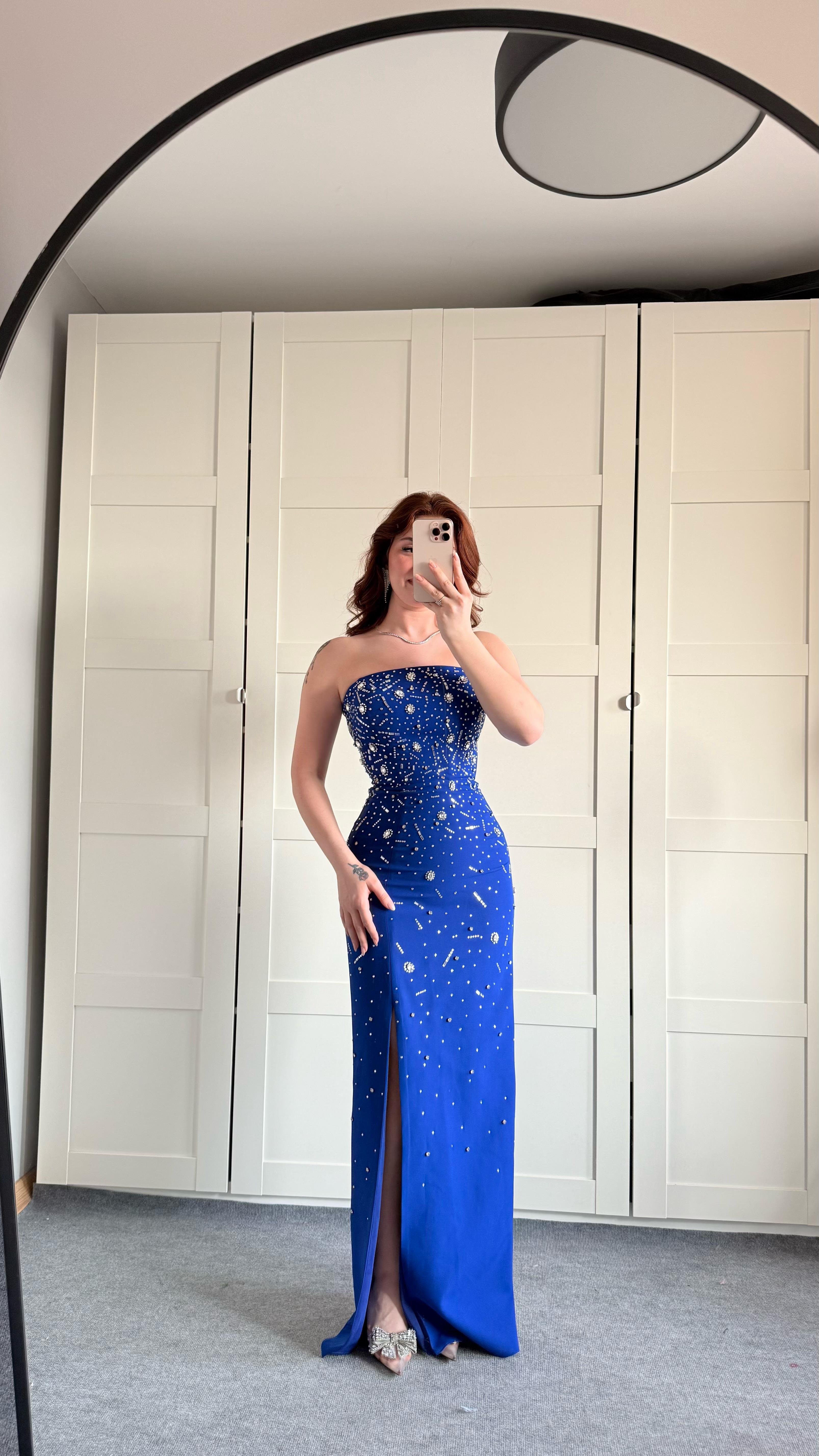 Luxury Straplez Taşlı Abiye Saks Mavisi