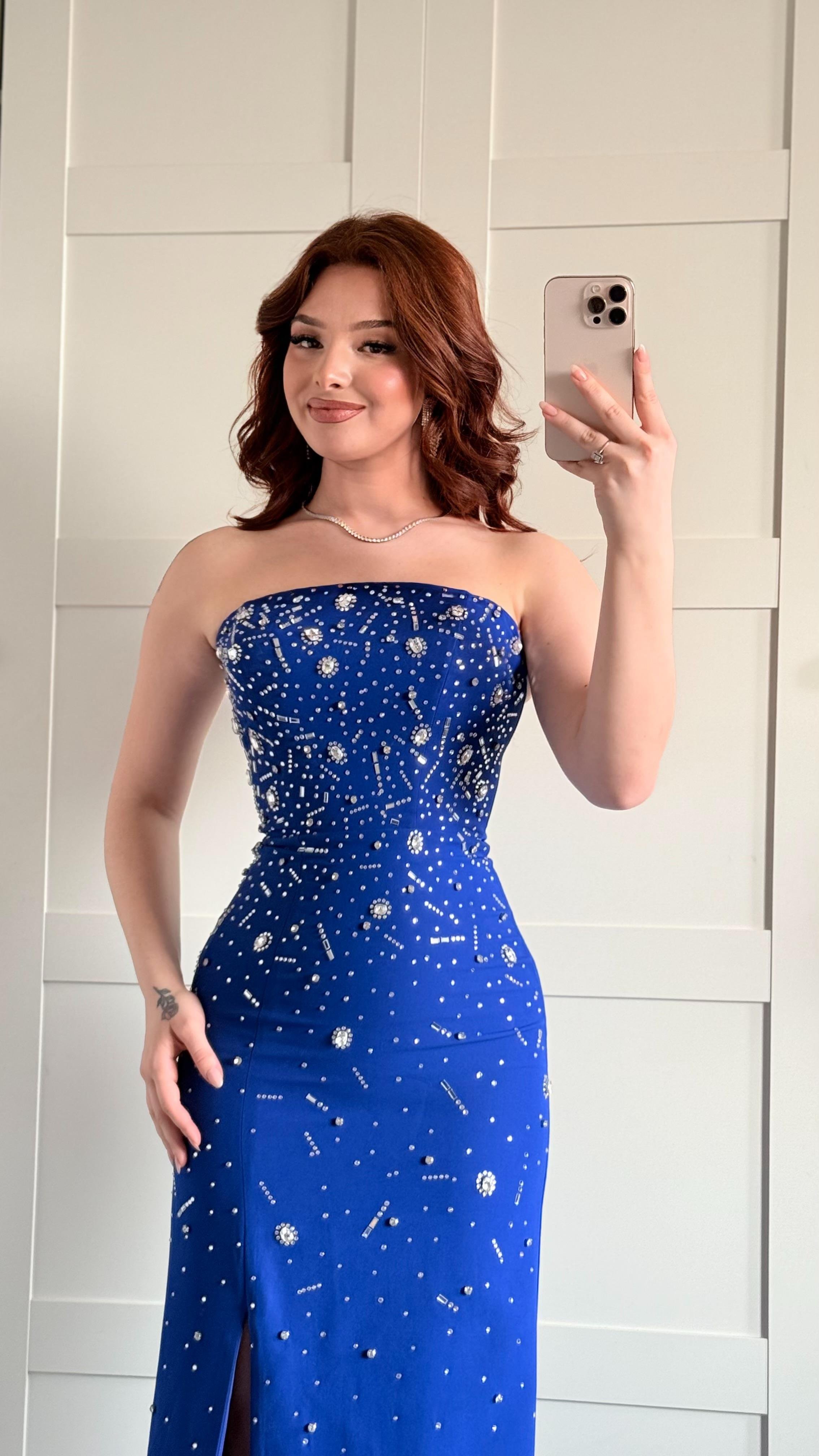 Luxury Straplez Taşlı Abiye Saks Mavisi