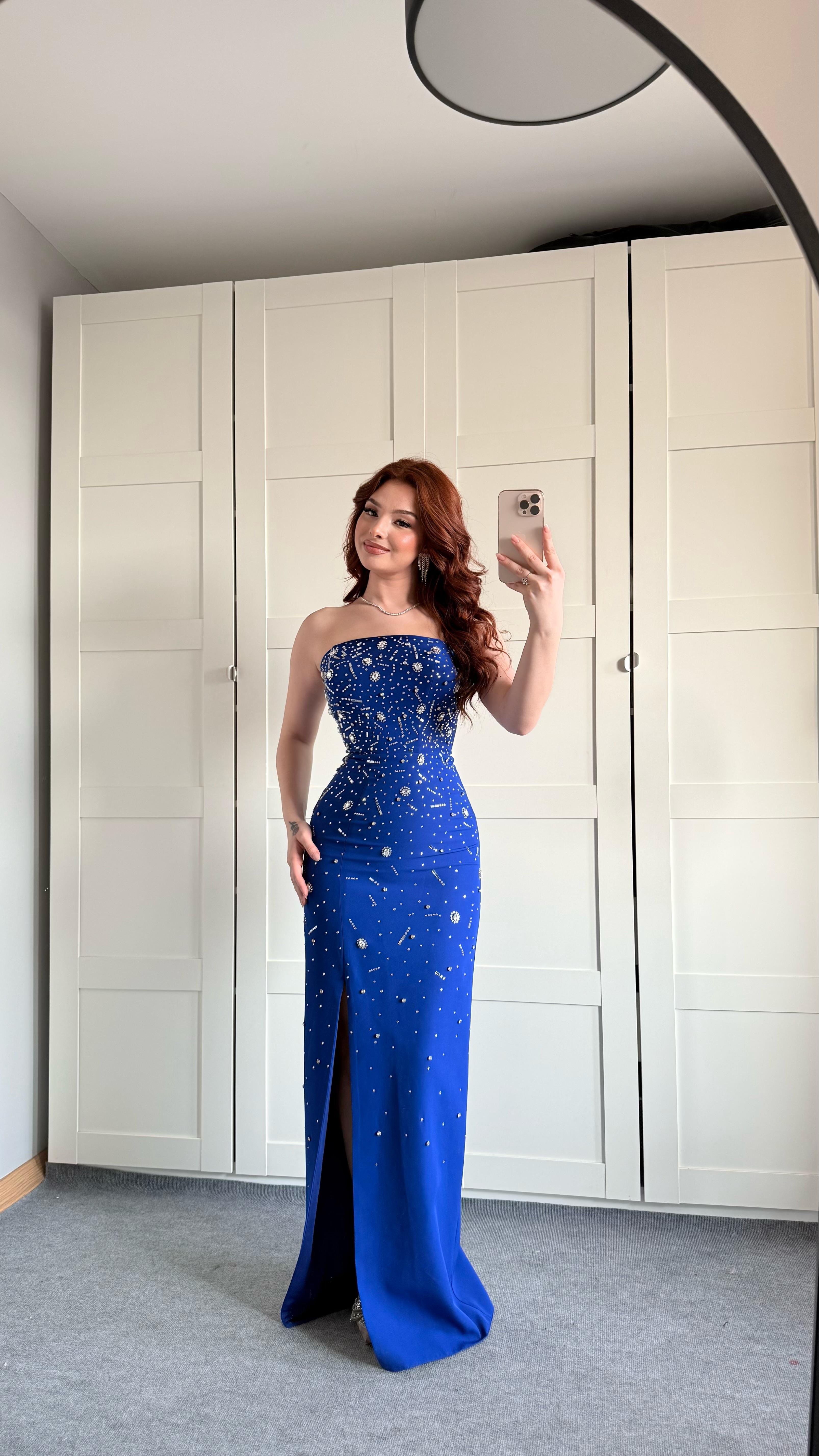 Luxury Straplez Taşlı Abiye Saks Mavisi
