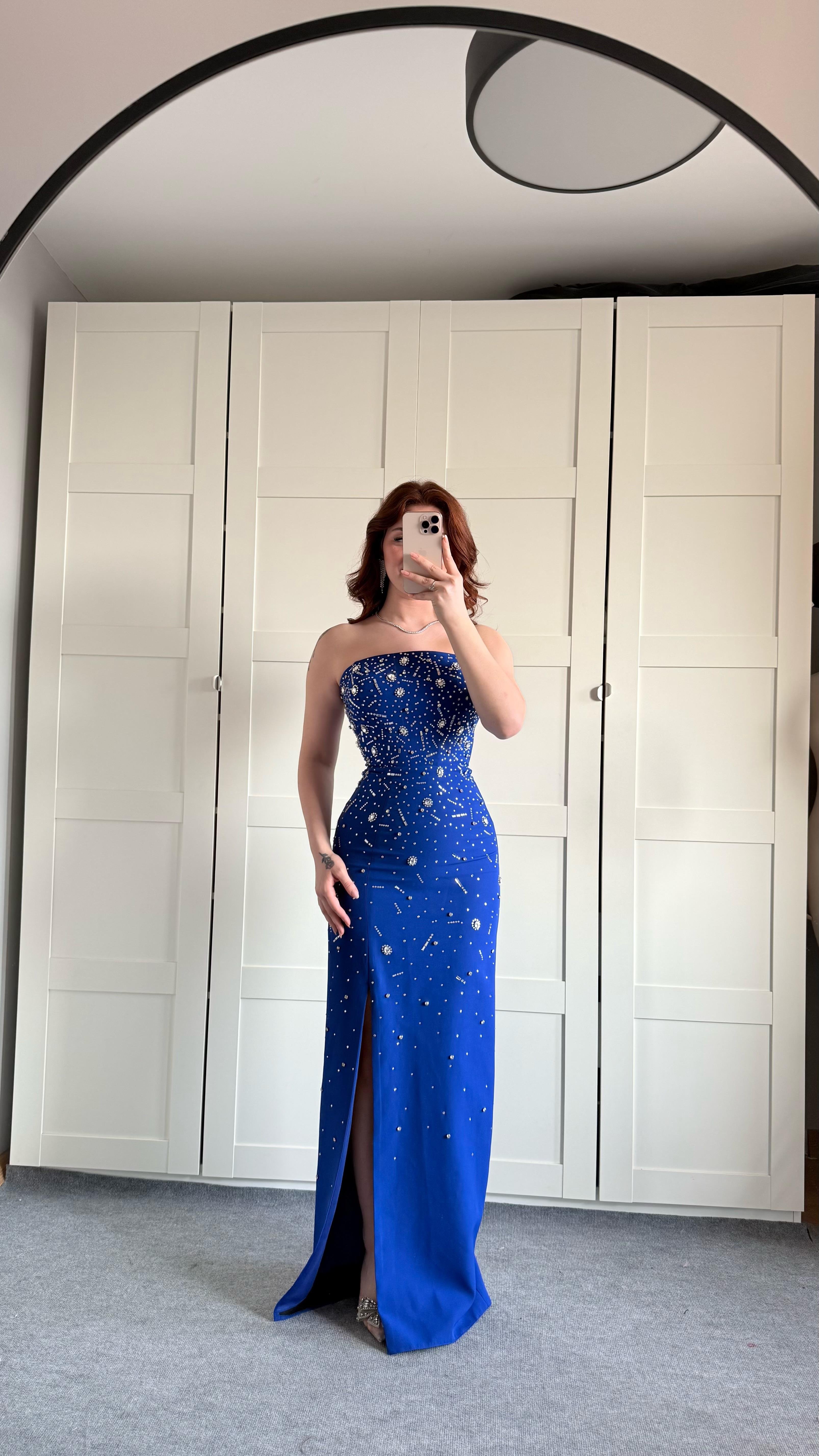 Luxury Straplez Taşlı Abiye Saks Mavisi