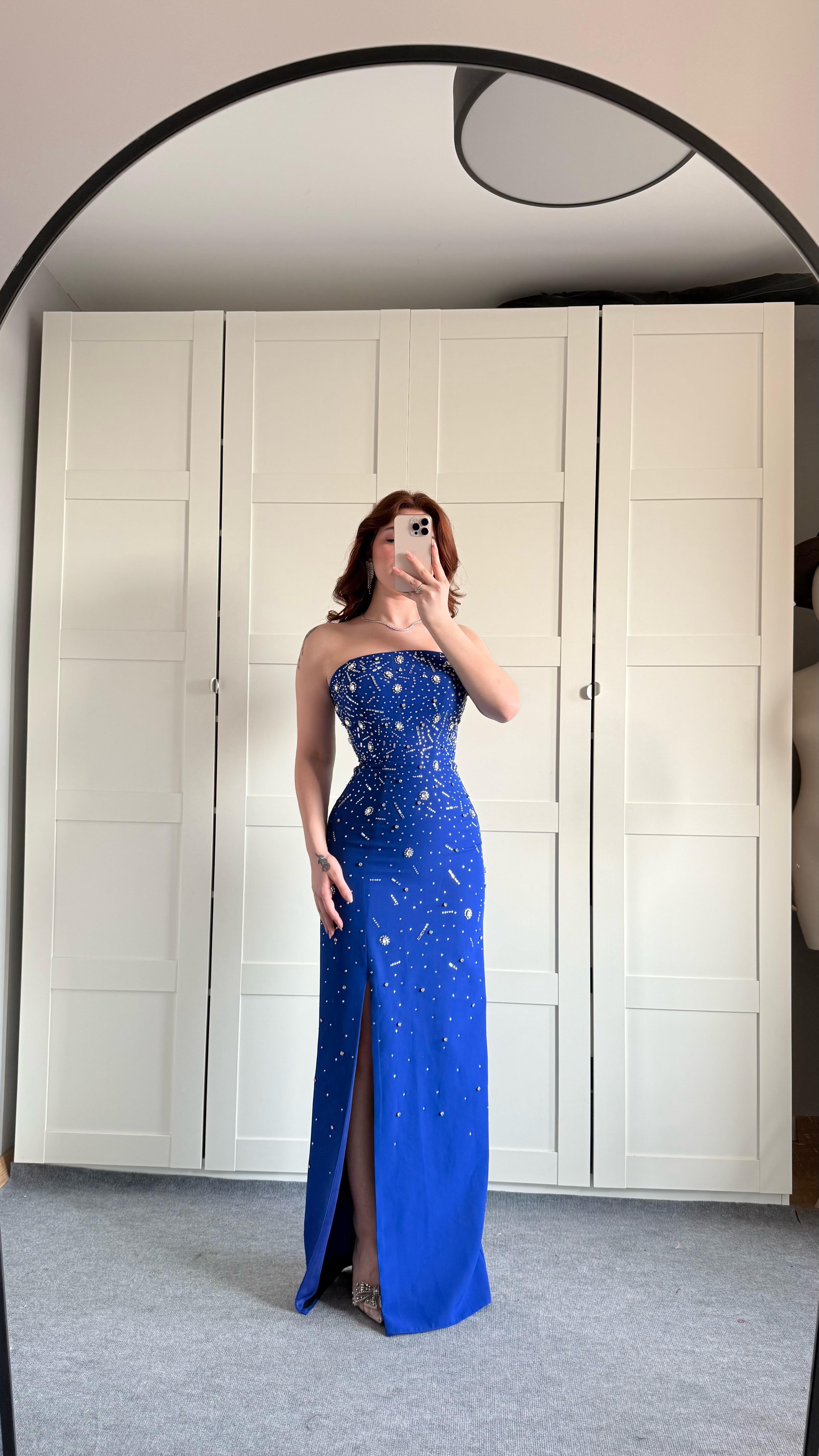 Luxury Straplez Taşlı Abiye Saks Mavisi