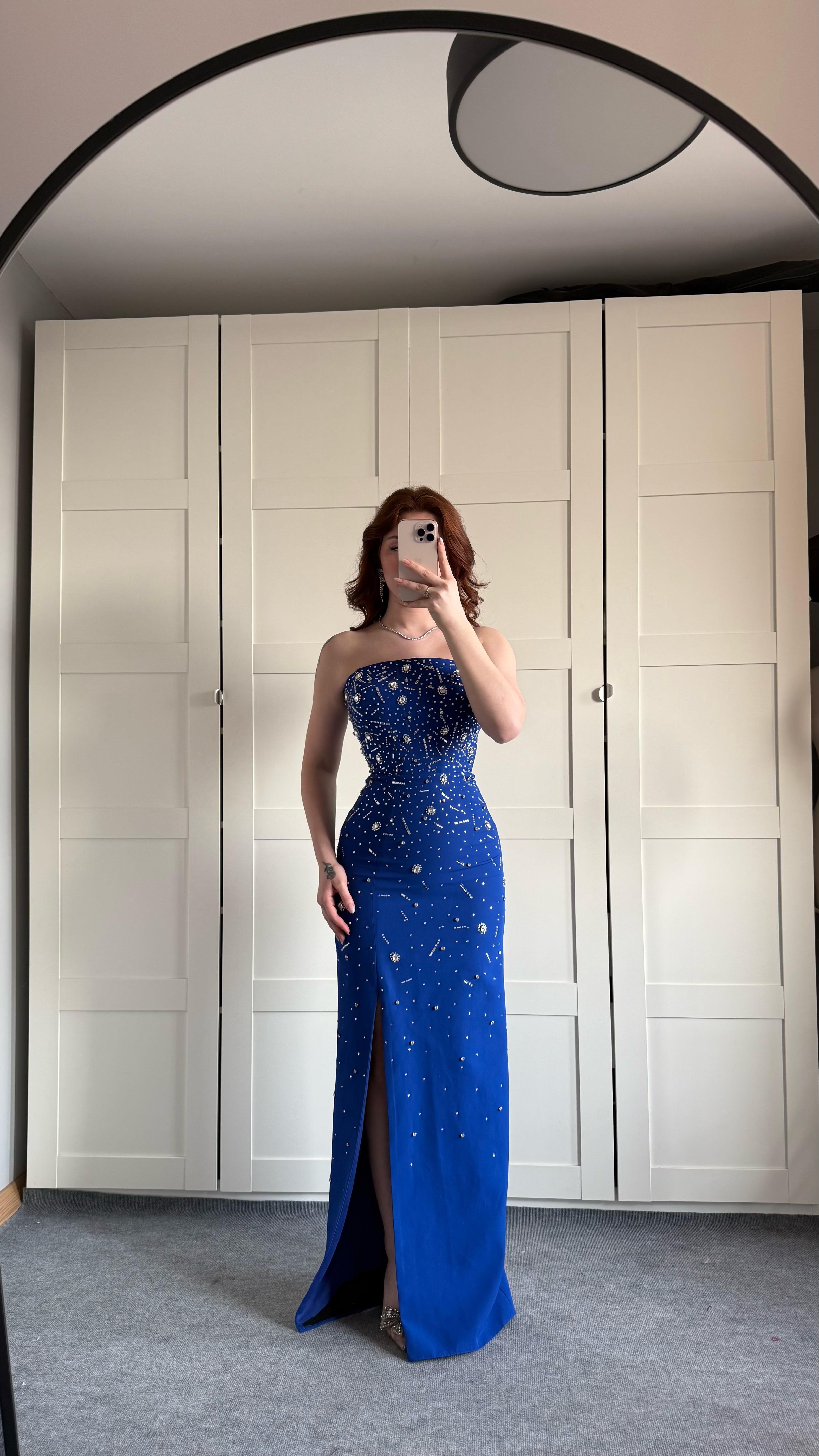 Luxury Straplez Taşlı Abiye Saks Mavisi