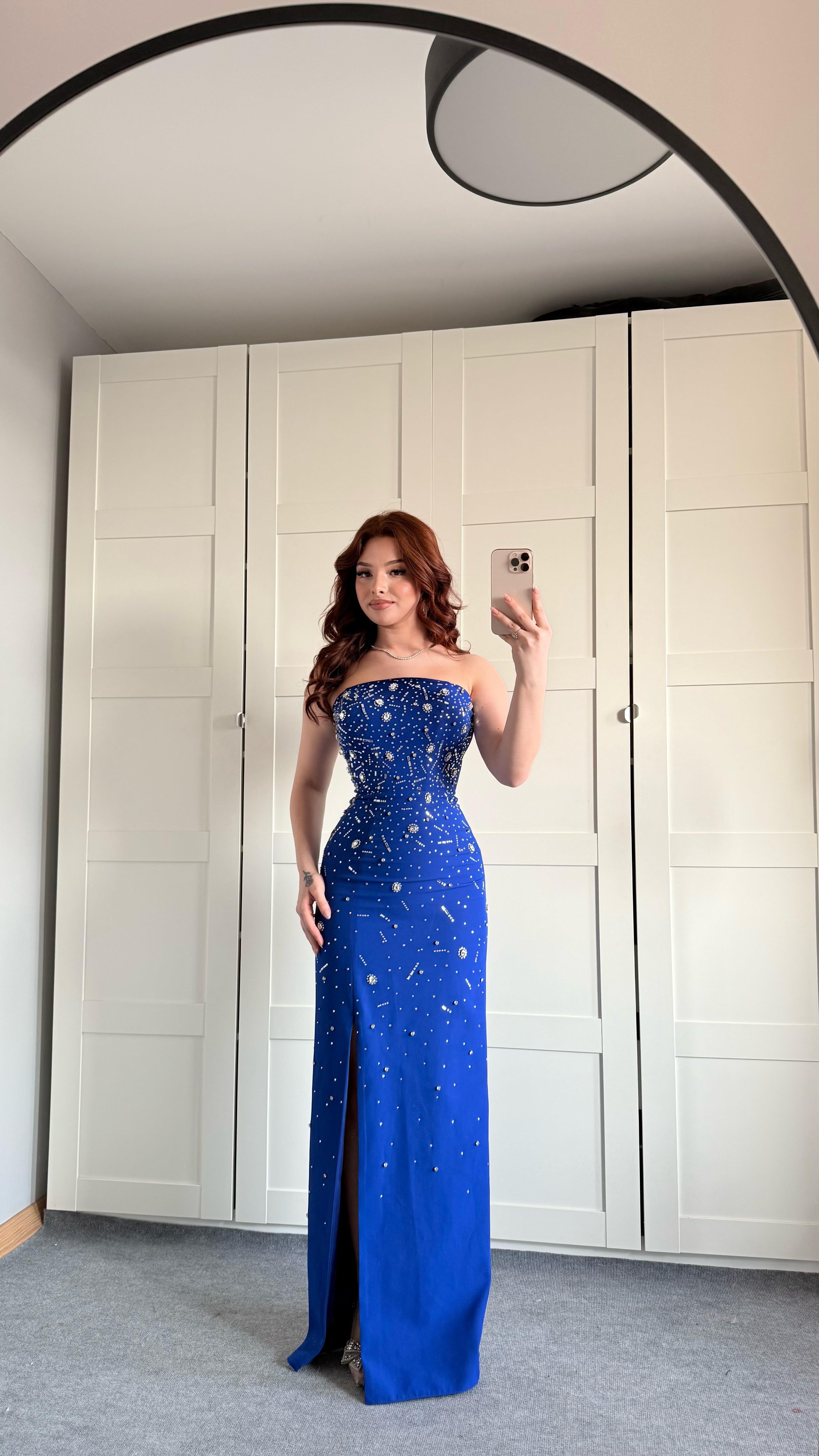Luxury Straplez Taşlı Abiye Saks Mavisi