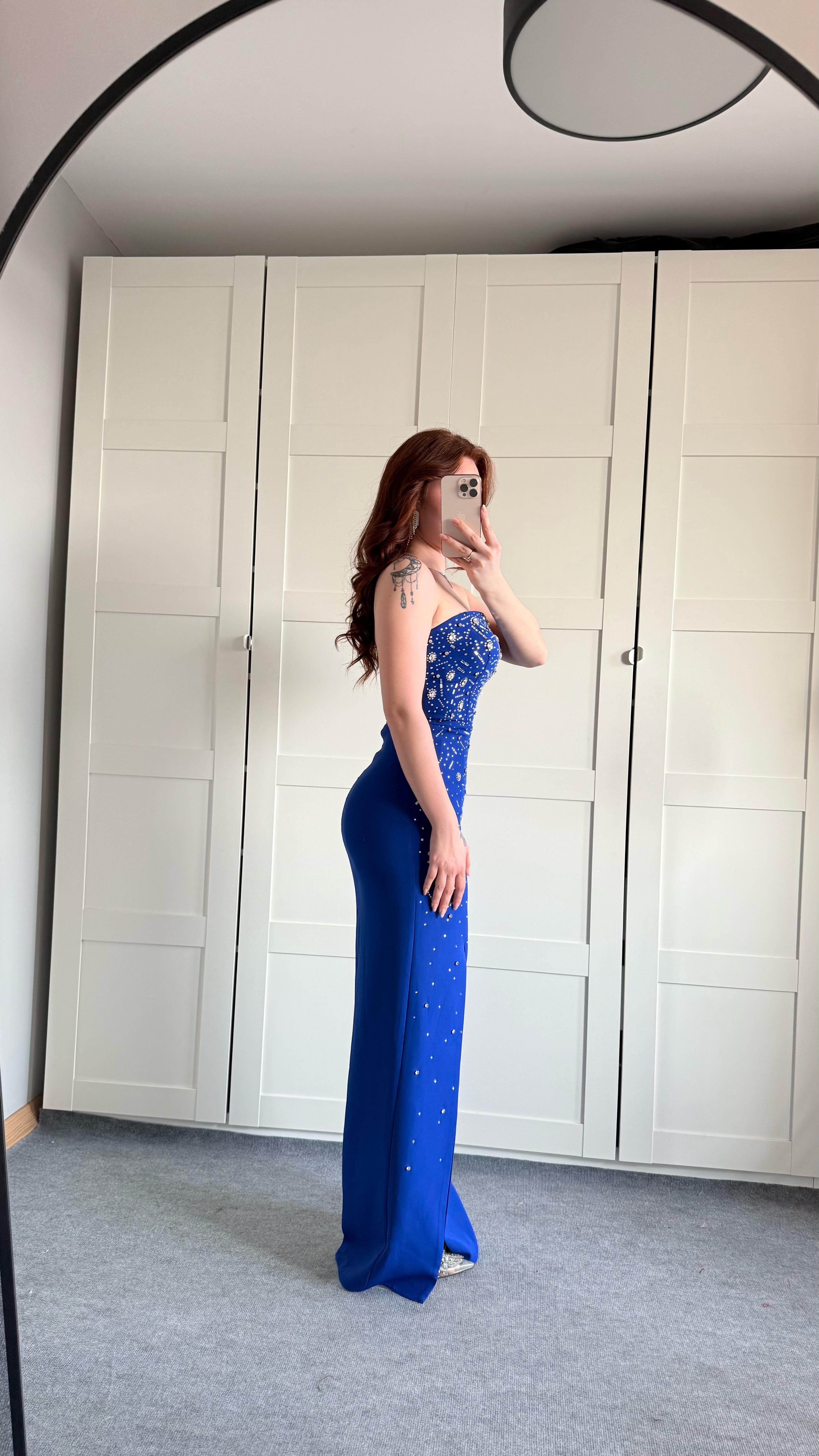 Luxury Straplez Taşlı Abiye Saks Mavisi