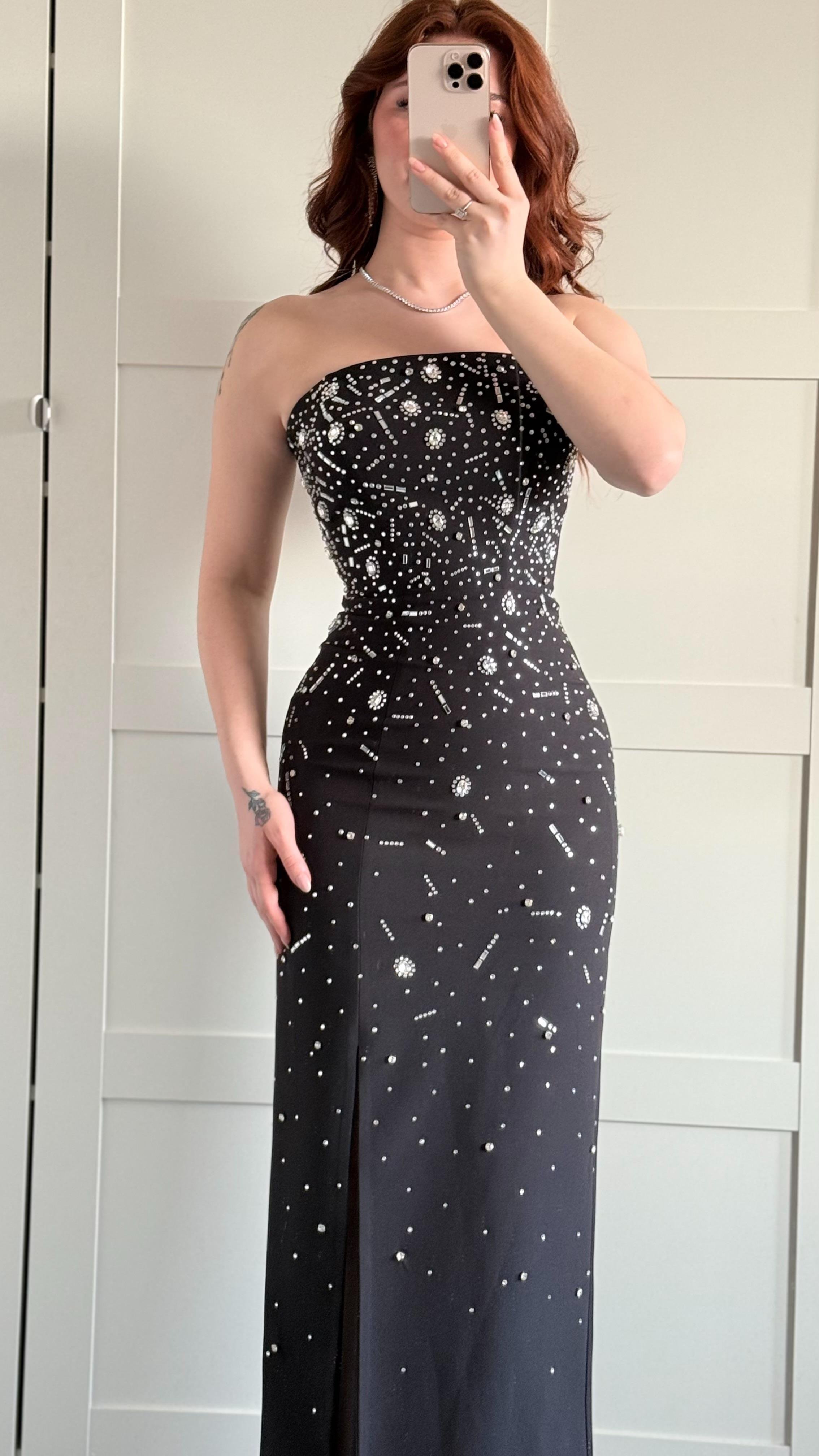 Luxury Straplez Taşlı Abiye Siyah