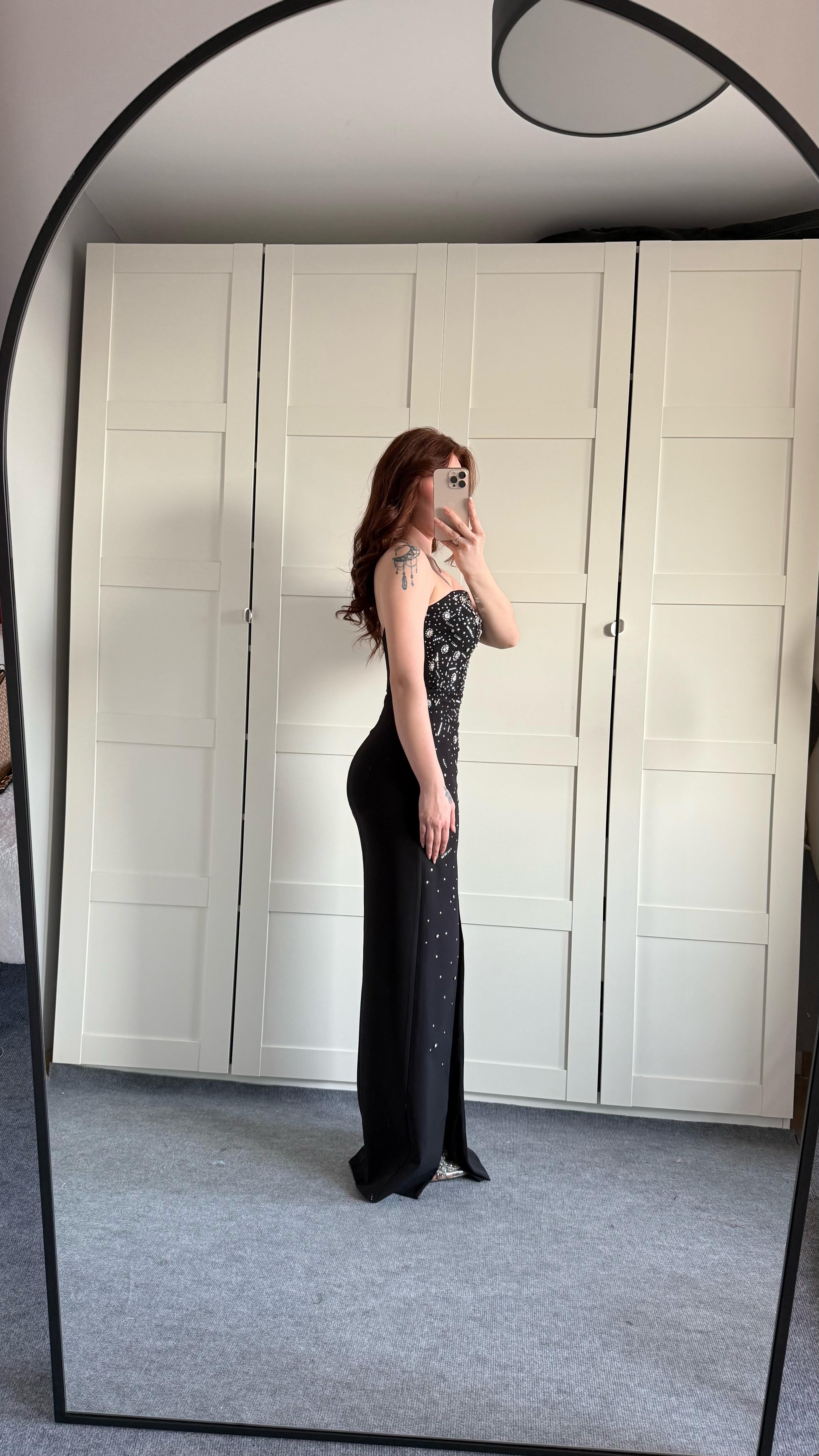 Luxury Straplez Taşlı Abiye Siyah