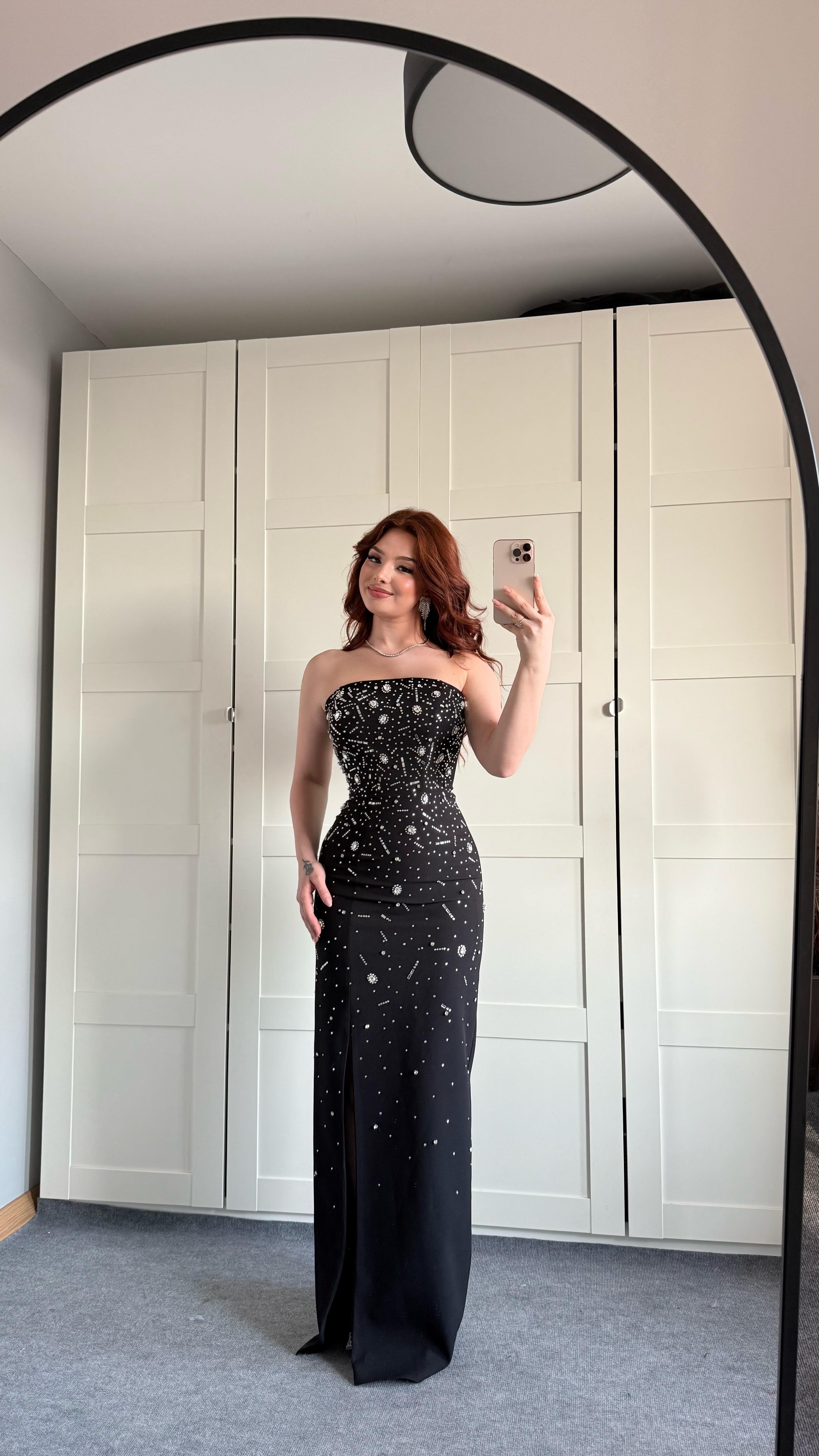 Luxury Straplez Taşlı Abiye Siyah
