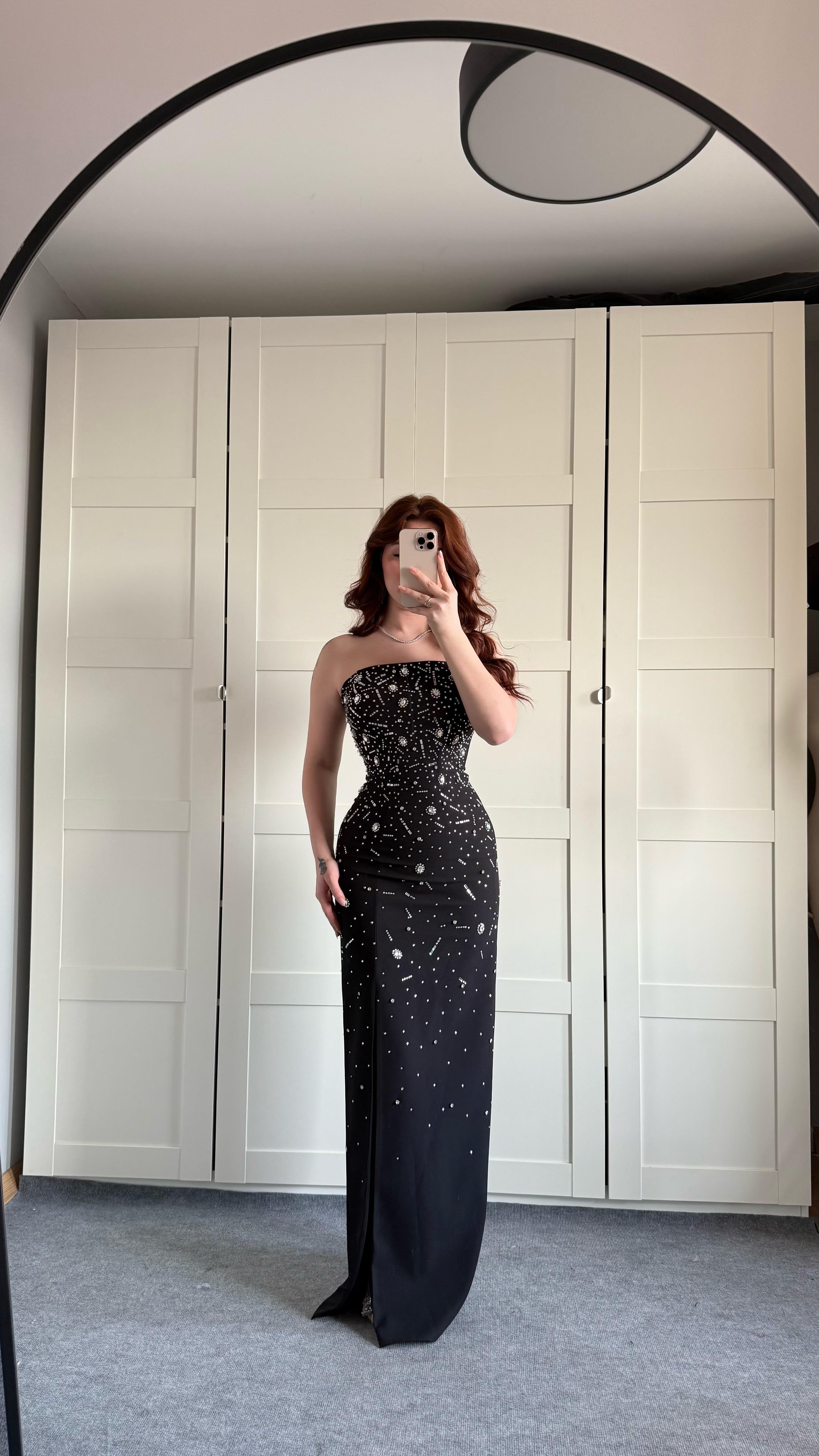 Luxury Straplez Taşlı Abiye Siyah