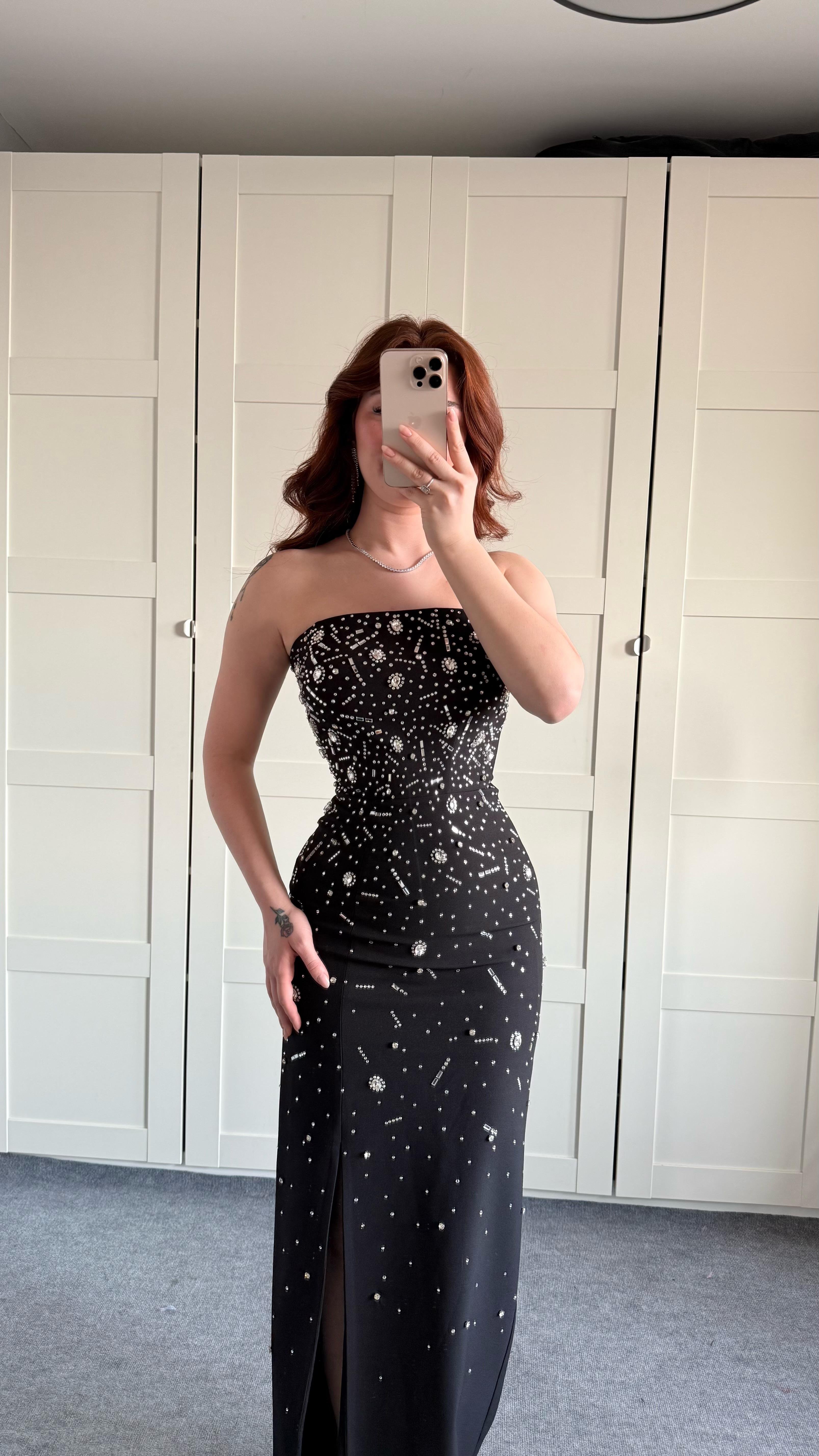 Luxury Straplez Taşlı Abiye Siyah