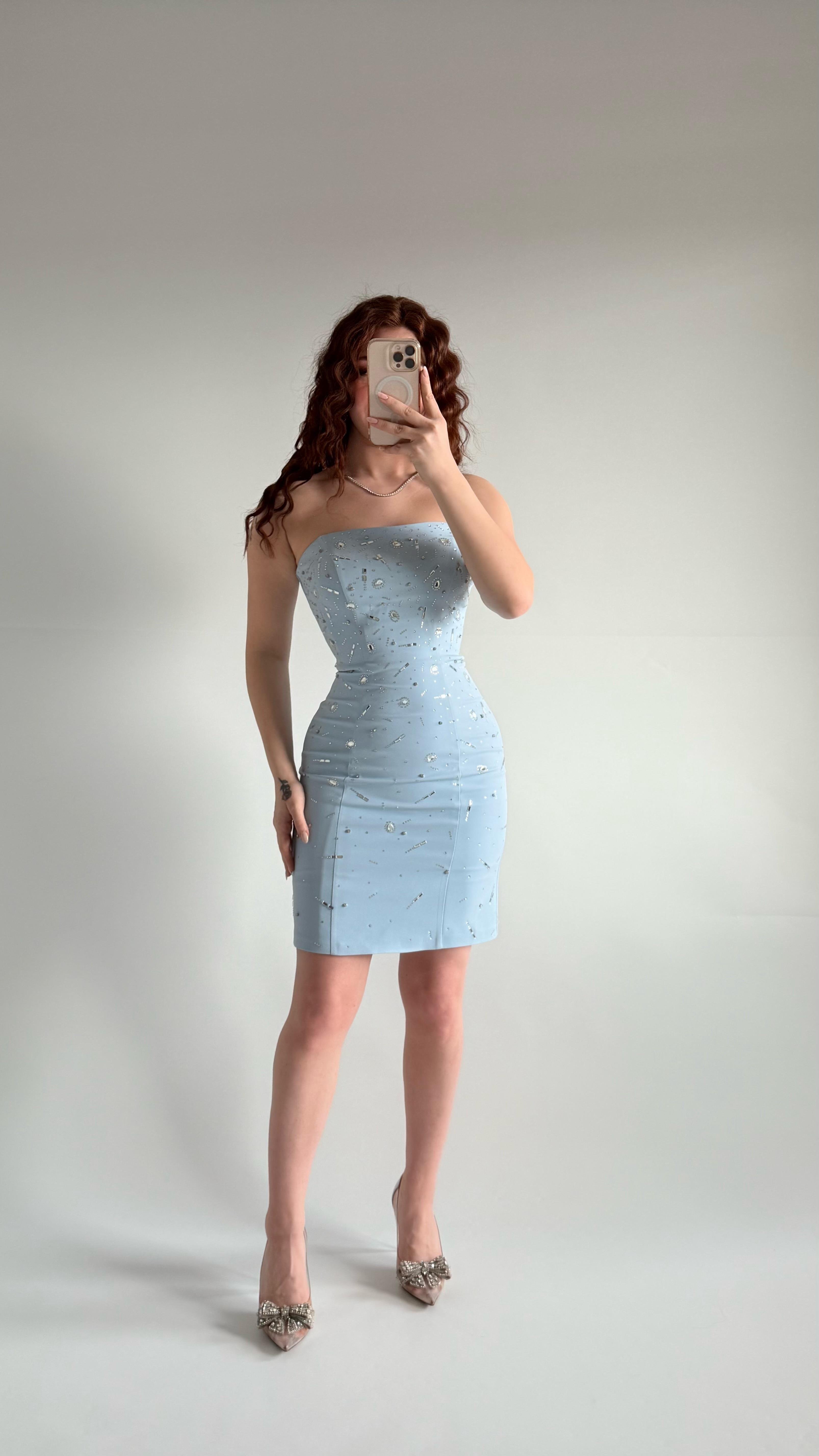 Luxury Straplez Taşlı Mini Abiye Bebe Mavisi