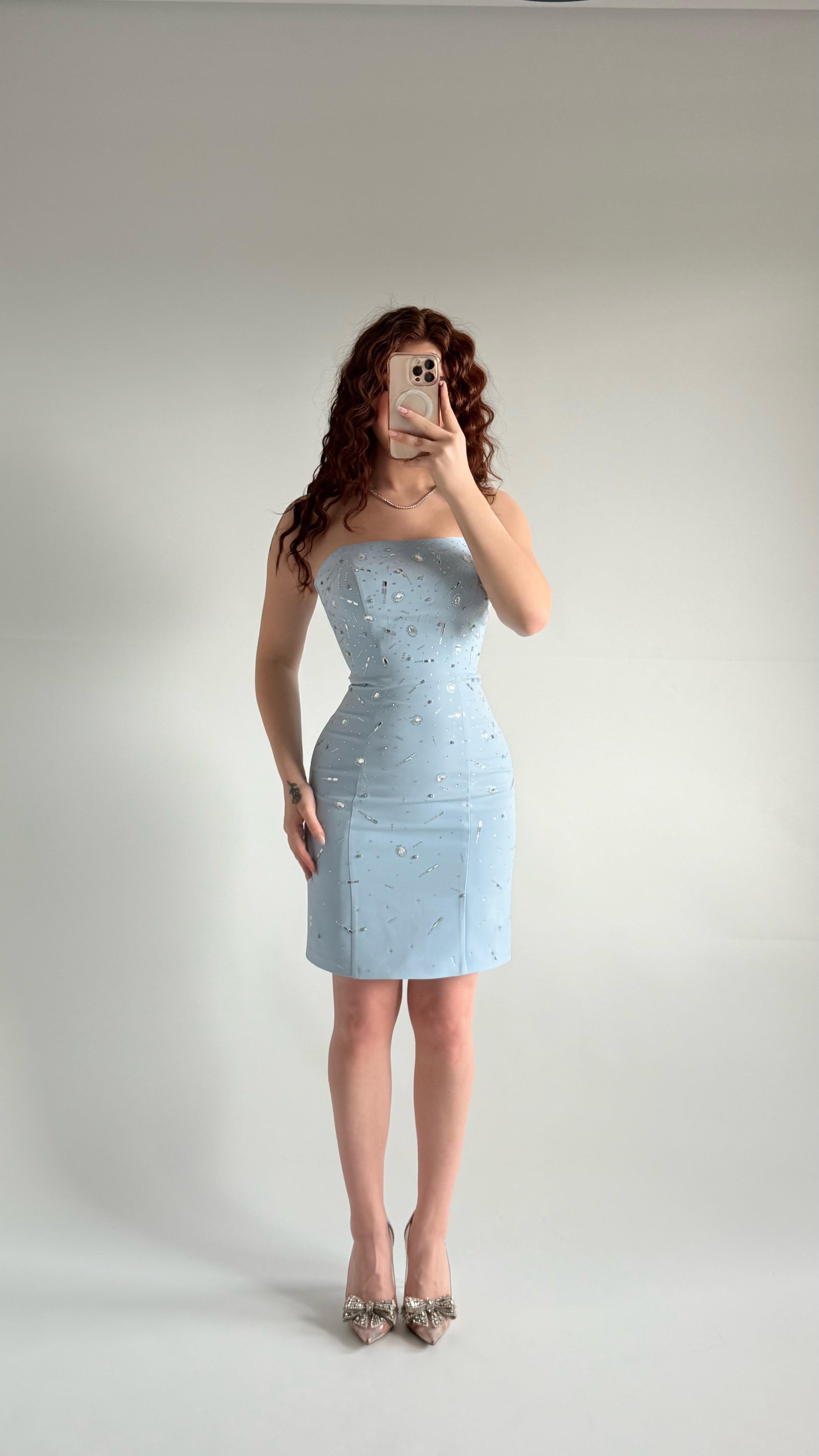 Luxury Straplez Taşlı Mini Abiye Bebe Mavisi