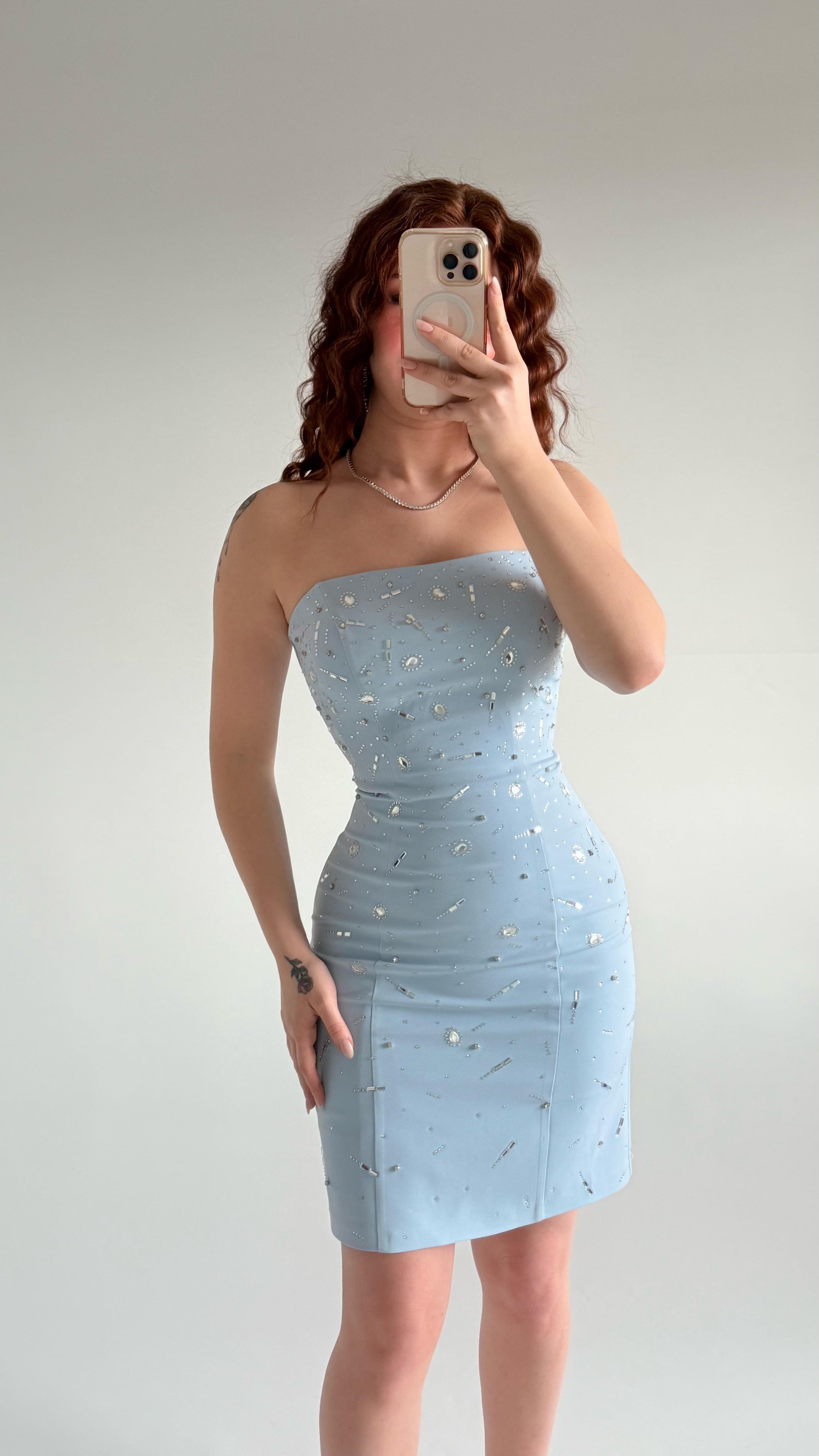 Luxury Straplez Taşlı Mini Abiye Bebe Mavisi