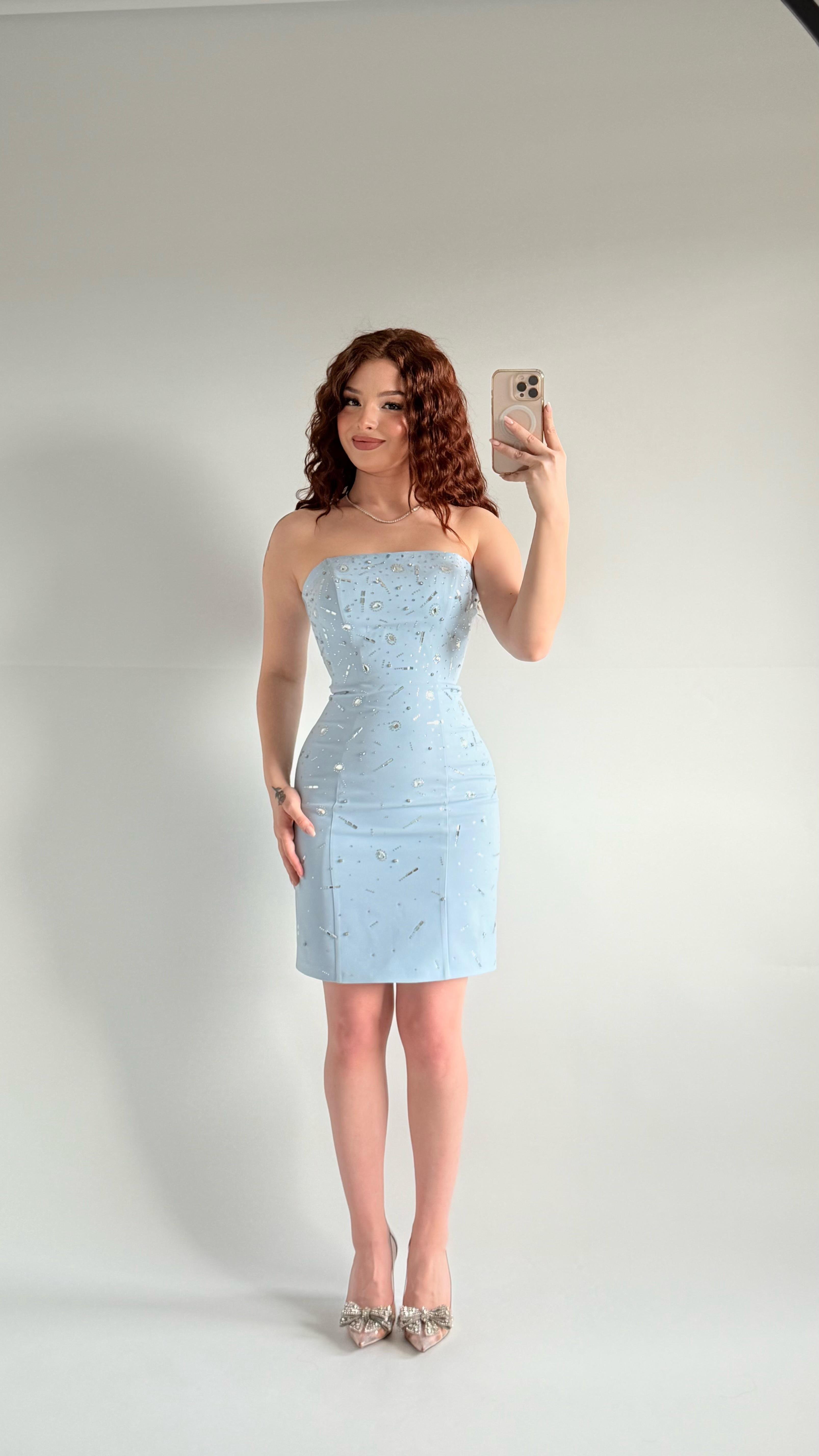 Luxury Straplez Taşlı Mini Abiye Bebe Mavisi