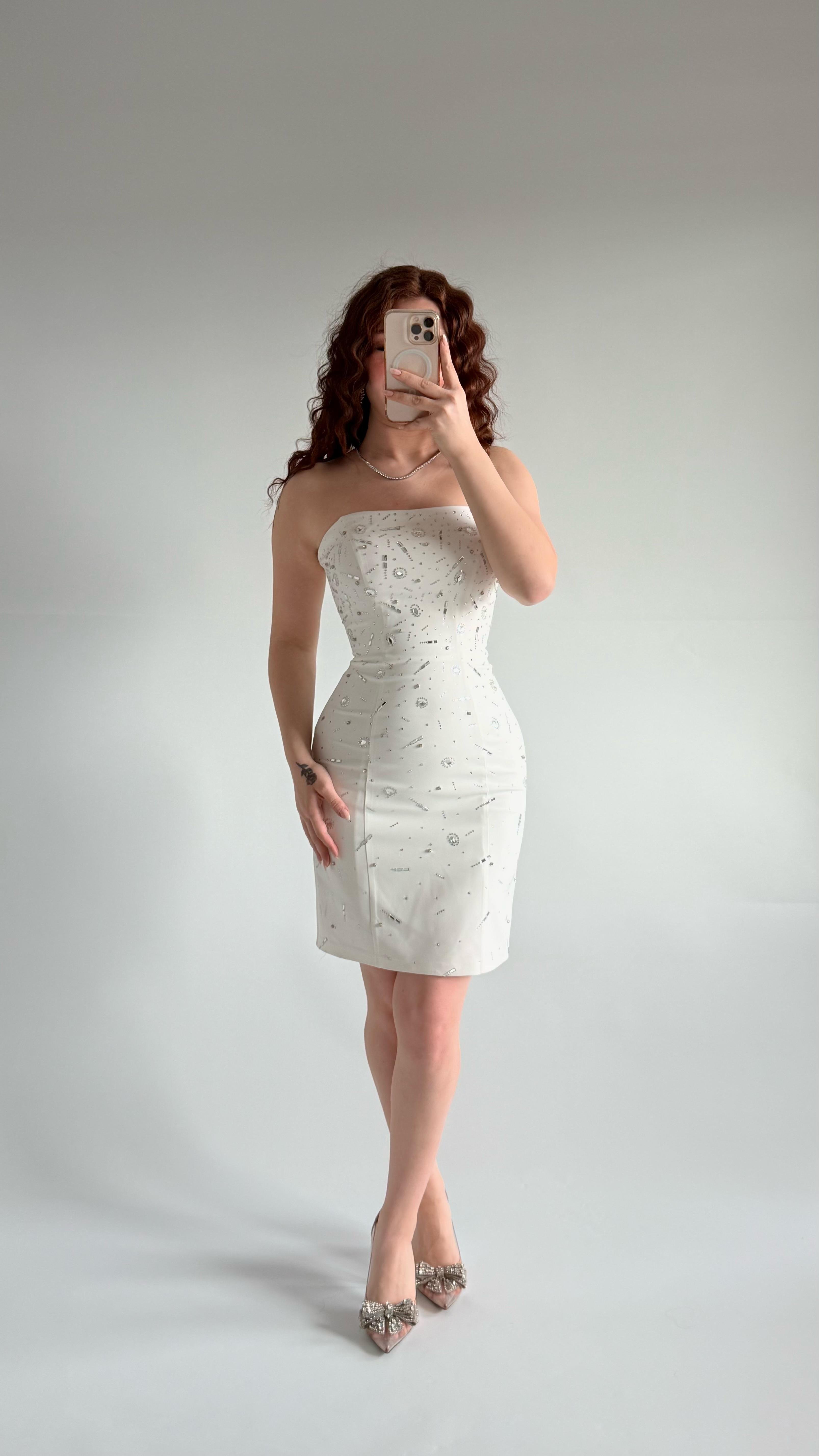 Luxury Straplez Taşlı Mini Abiye Beyaz