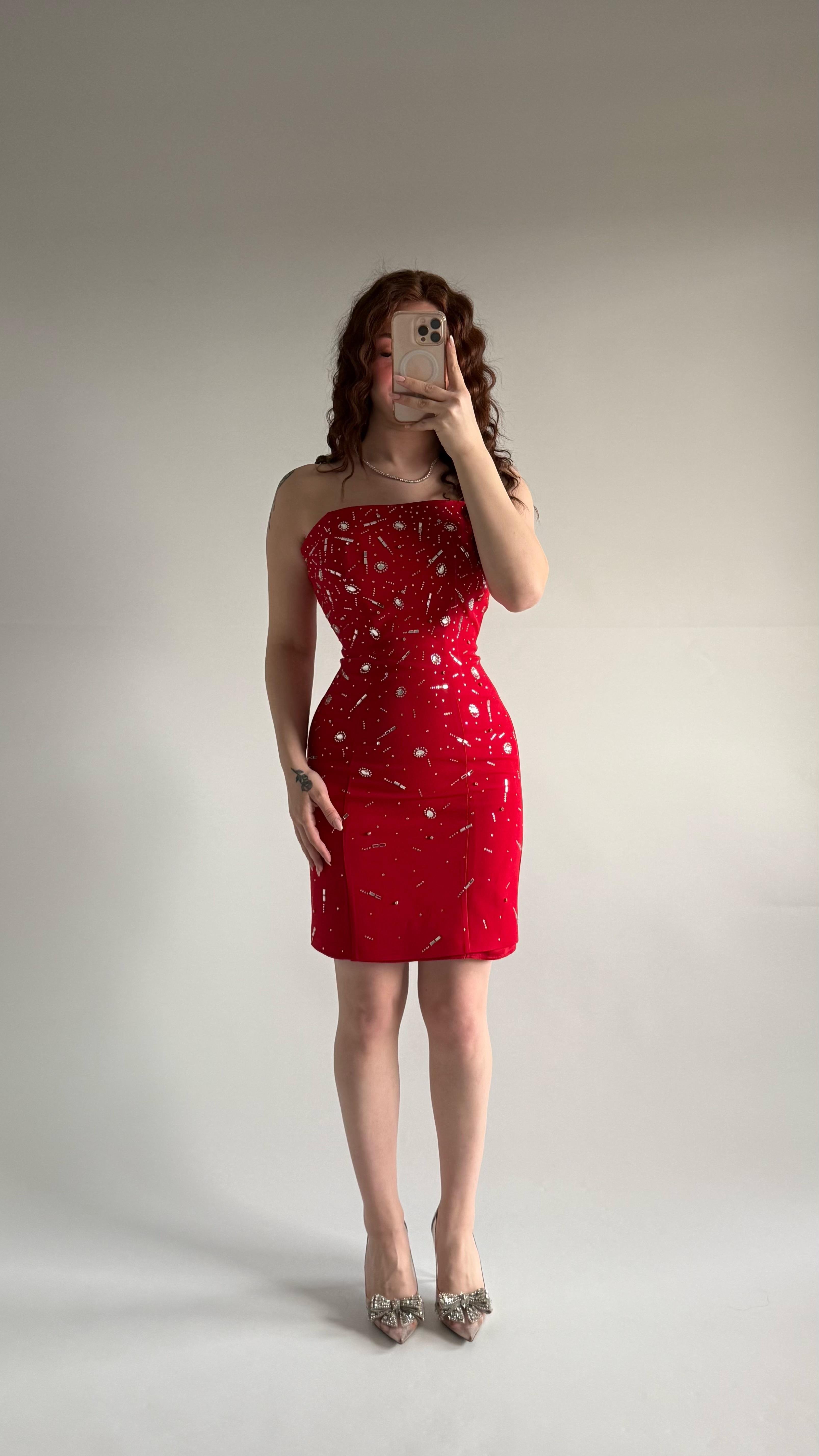 Luxury Straplez Taşlı Mini Abiye Kırmızı 