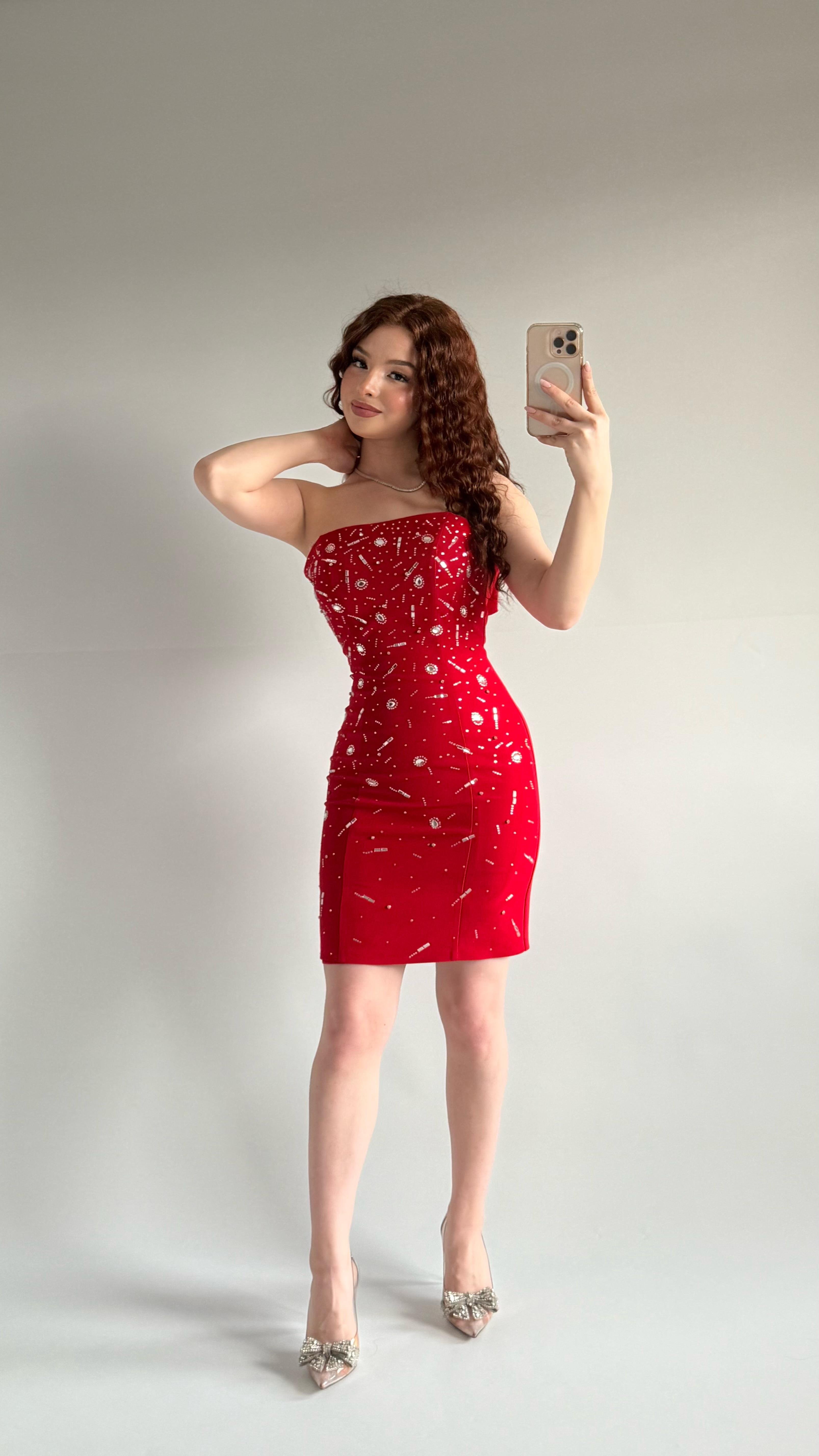 Luxury Straplez Taşlı Mini Abiye Kırmızı 