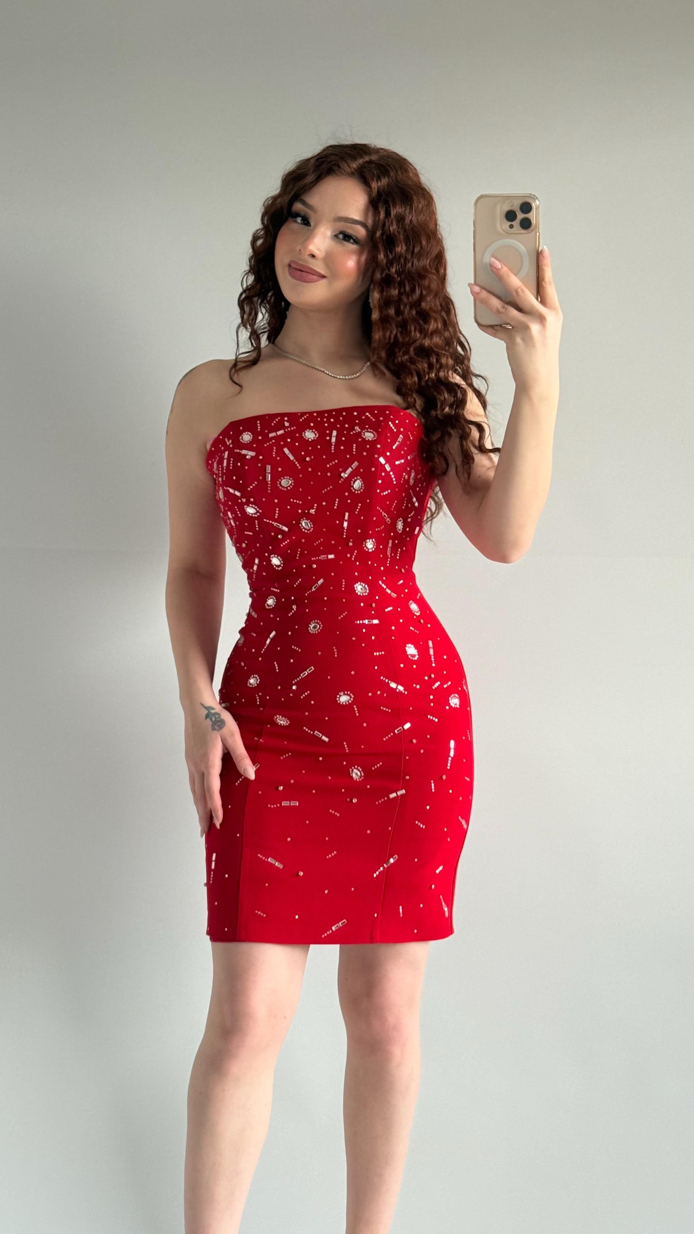 Luxury Straplez Taşlı Mini Abiye Kırmızı 
