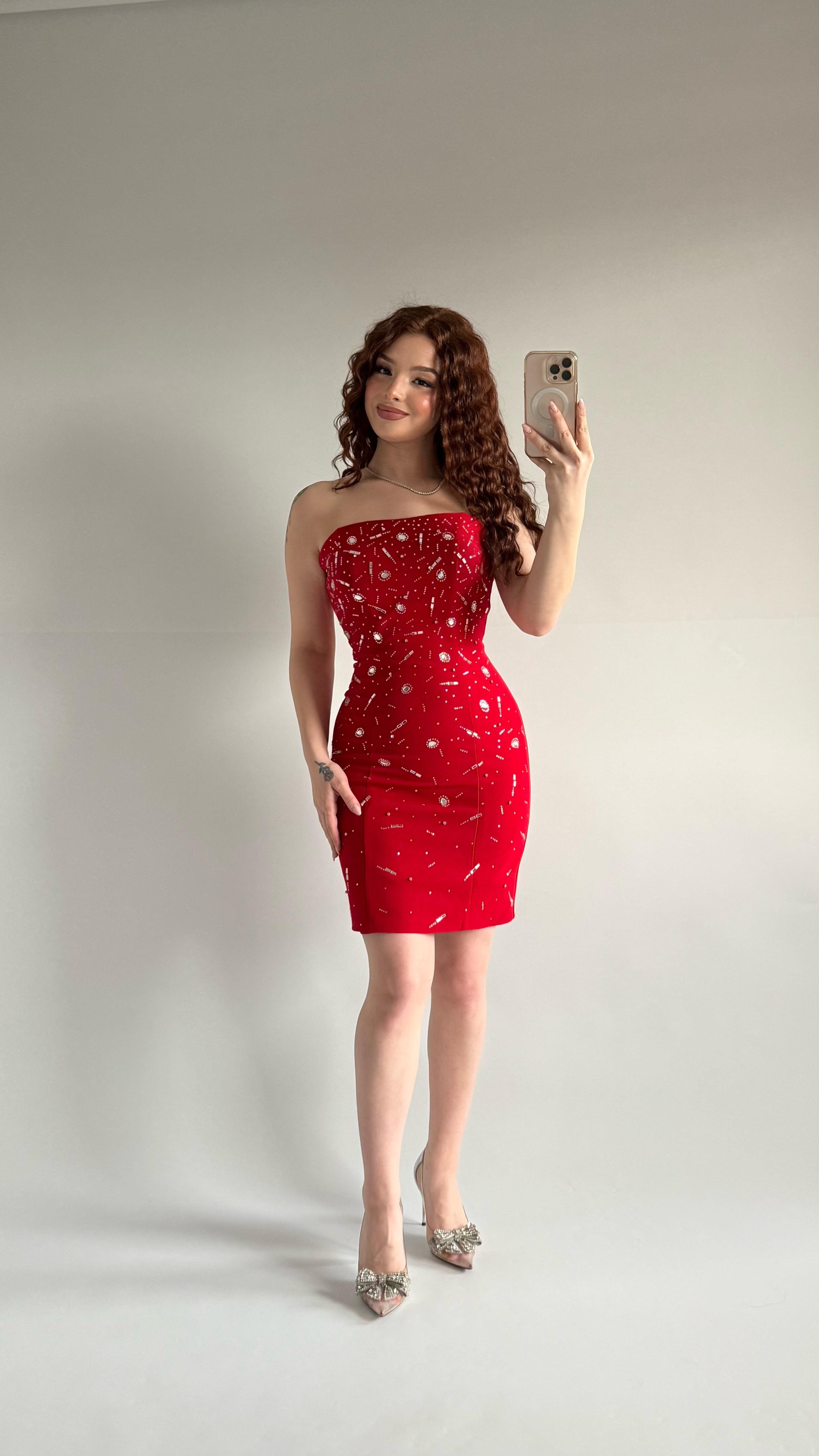 Luxury Straplez Taşlı Mini Abiye Kırmızı 