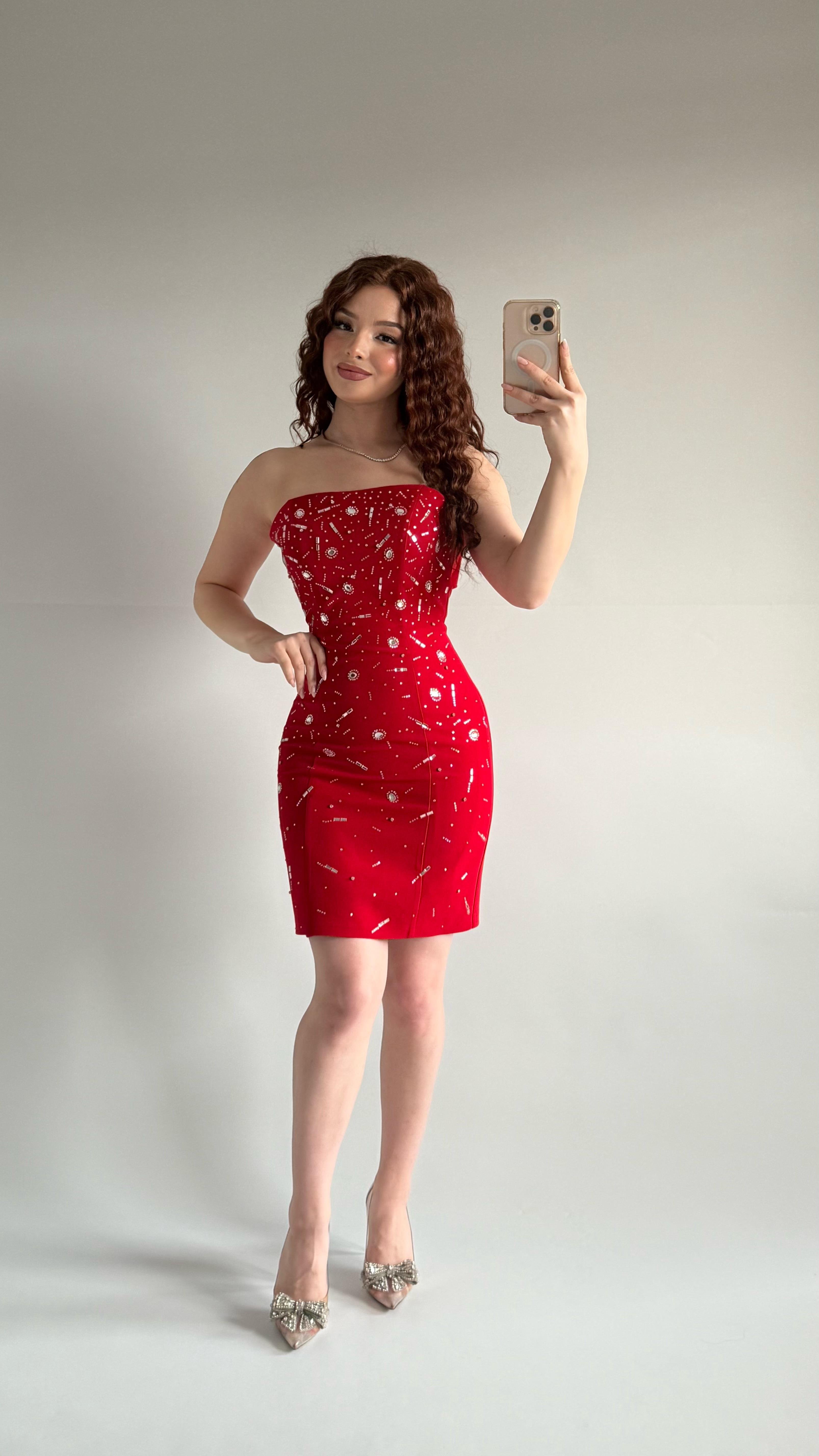 Luxury Straplez Taşlı Mini Abiye Kırmızı 