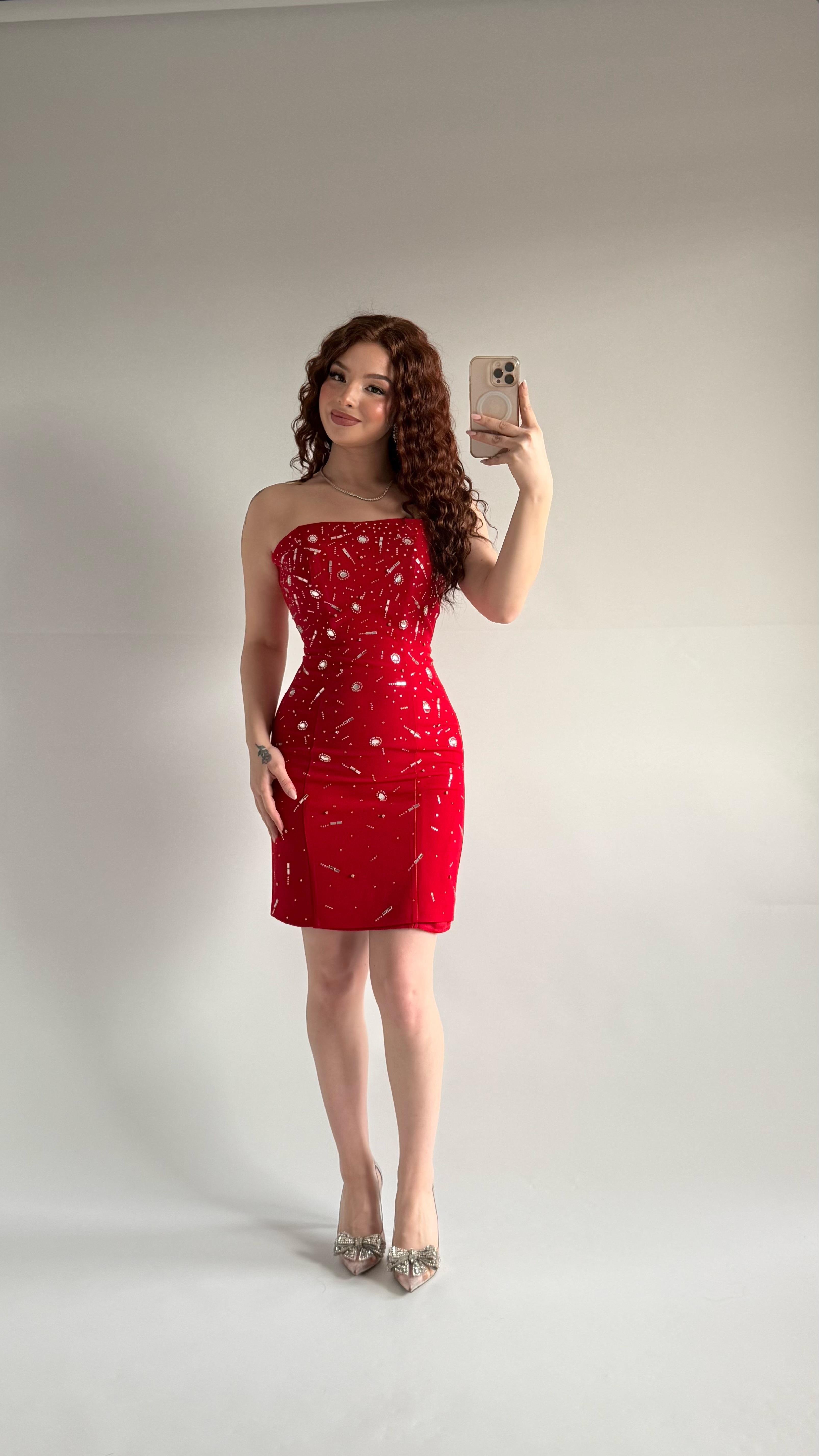 Luxury Straplez Taşlı Mini Abiye Kırmızı 