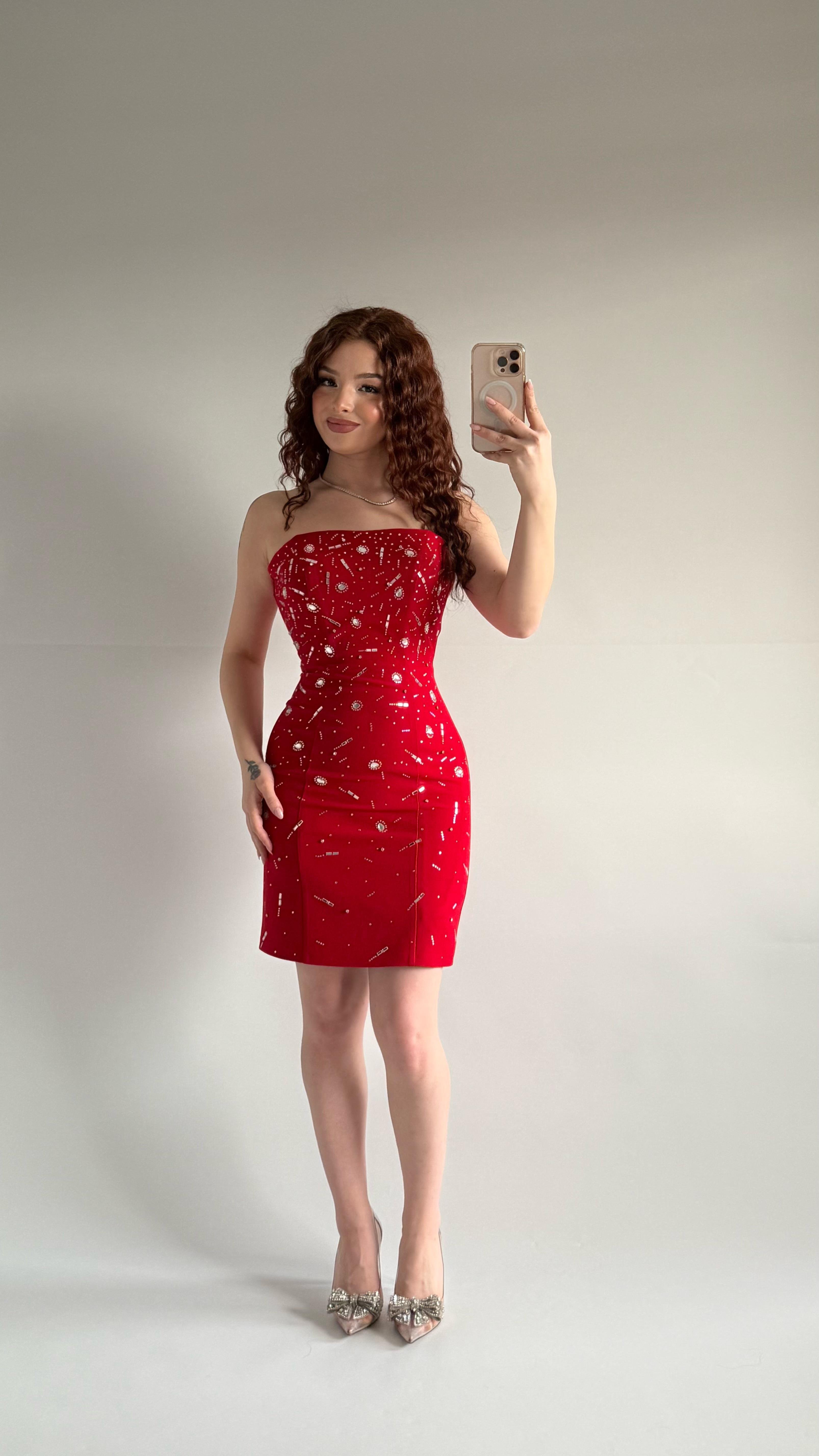 Luxury Straplez Taşlı Mini Abiye Kırmızı 
