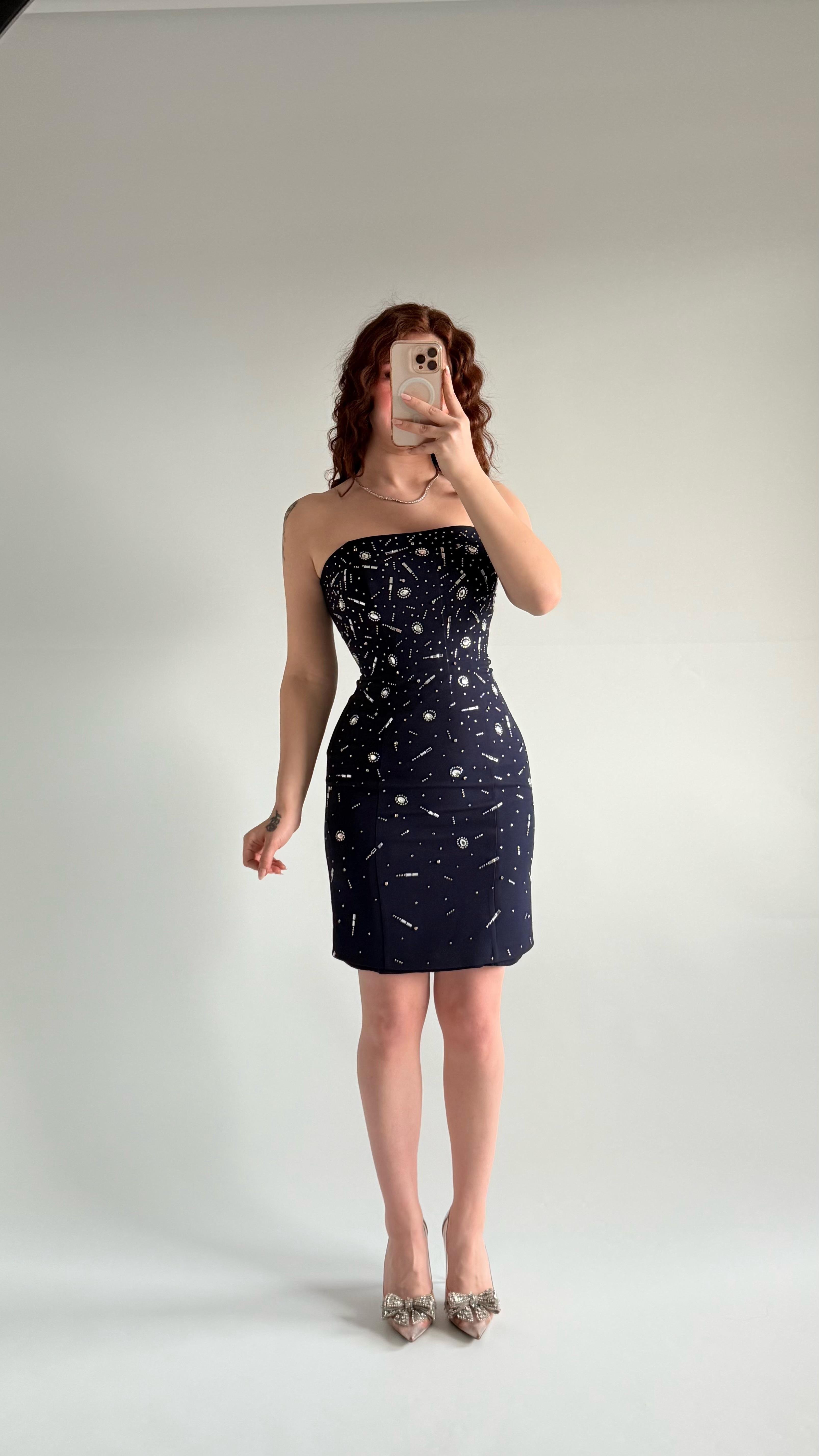 Luxury Straplez Taşlı Mini Abiye Lacivert 