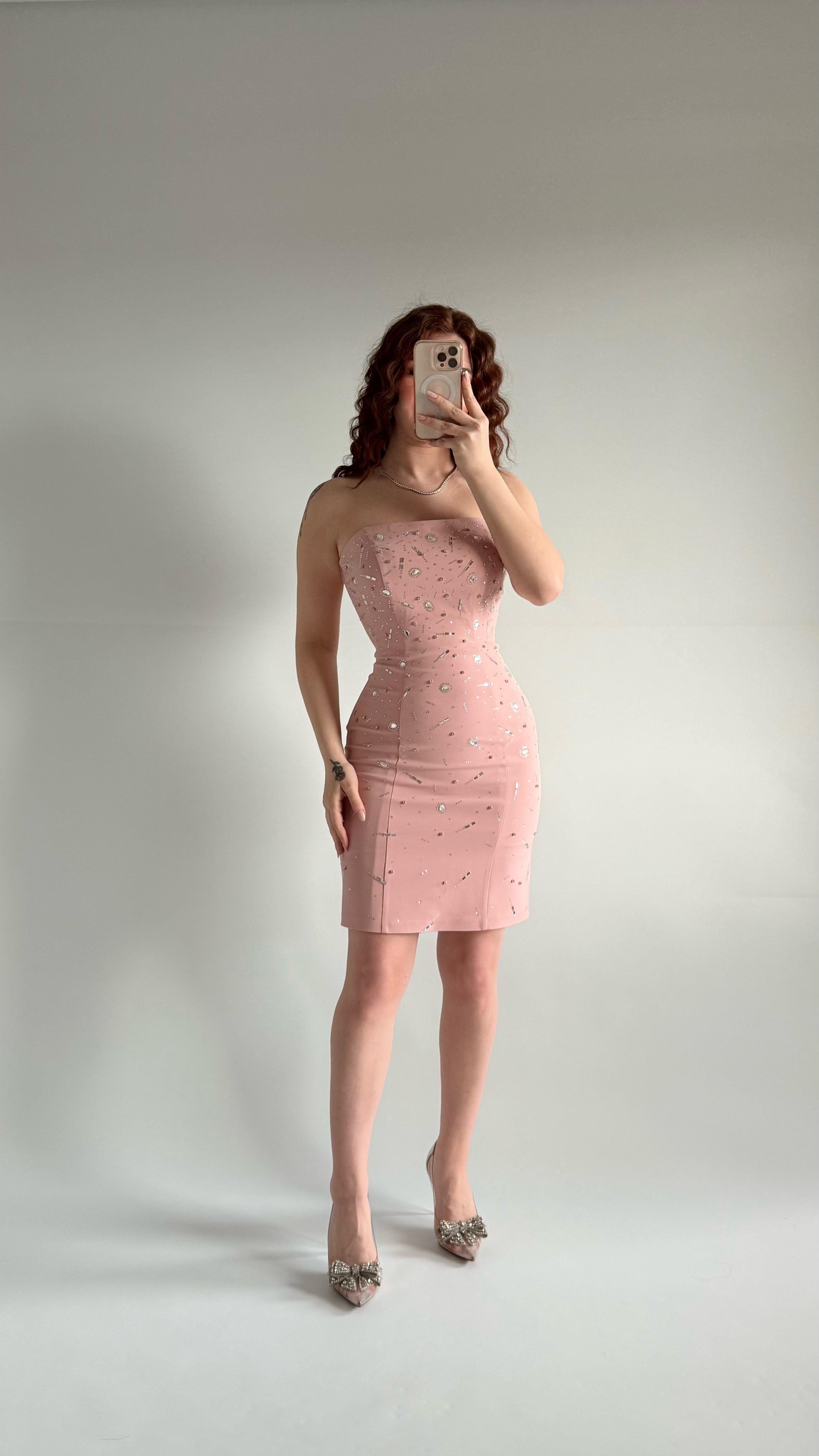 Luxury Straplez Taşlı Mini Abiye Pudra Pembe 
