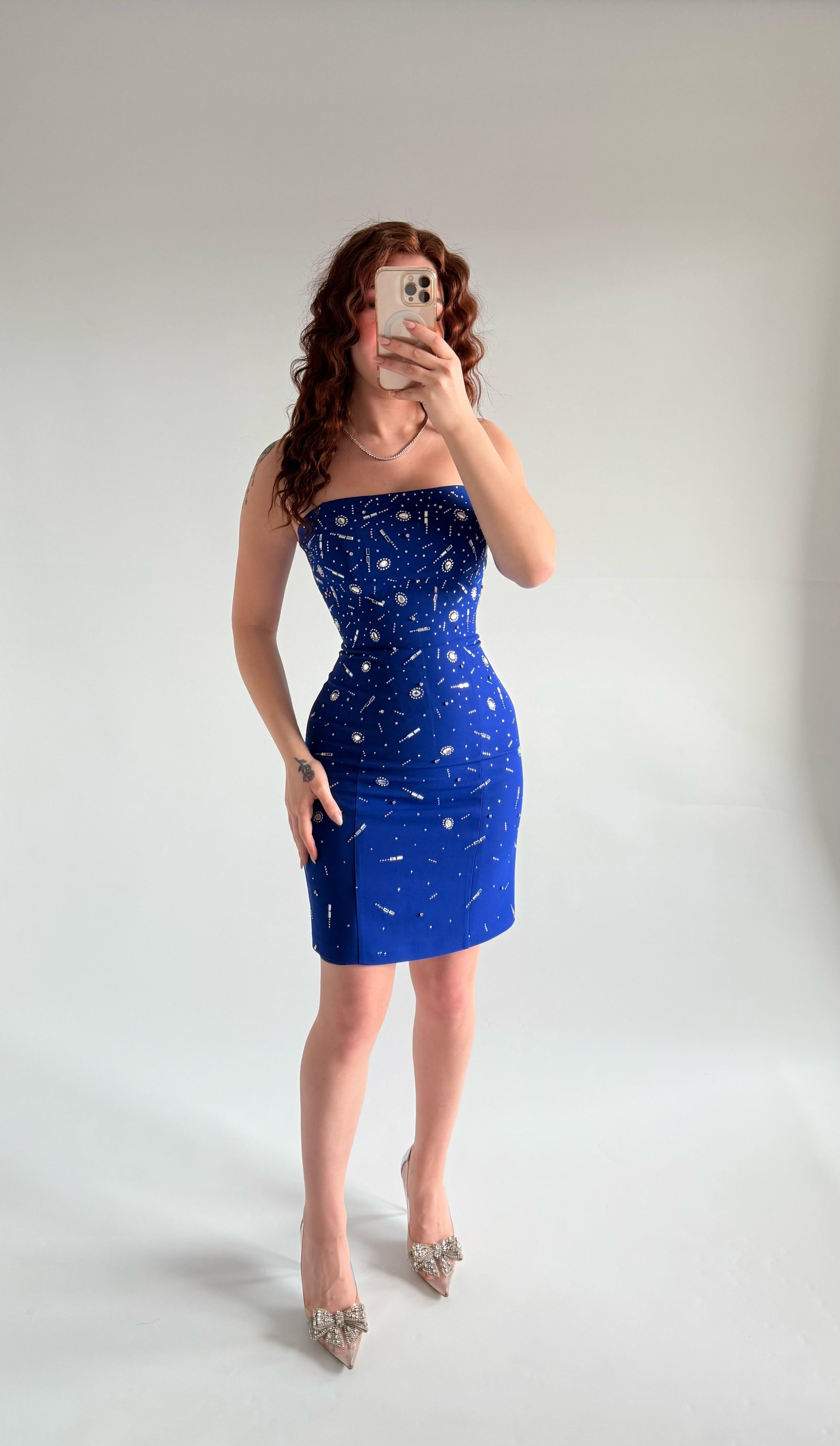 Luxury Straplez Taşlı Mini Abiye Saks