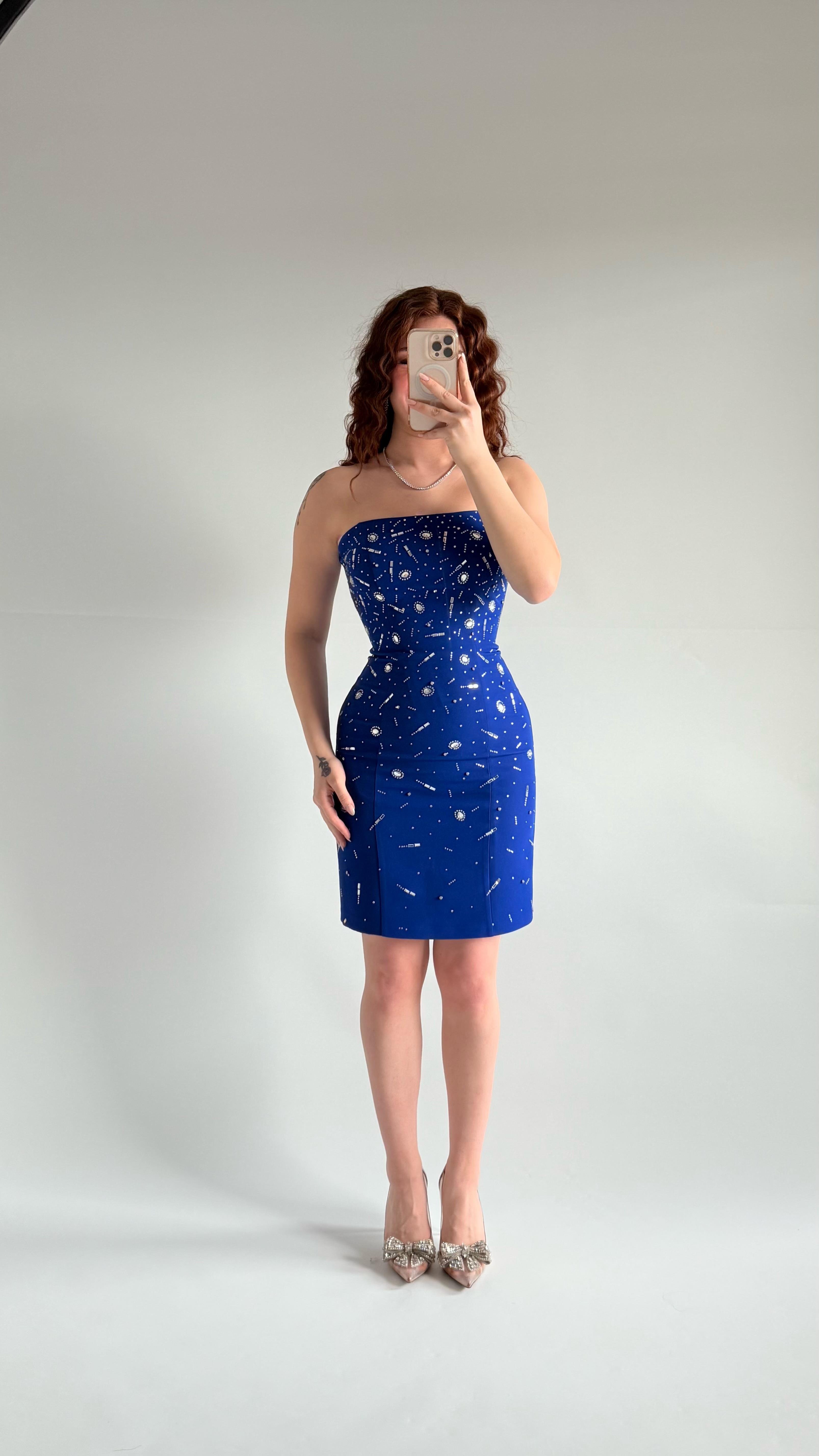 Luxury Straplez Taşlı Mini Abiye Saks