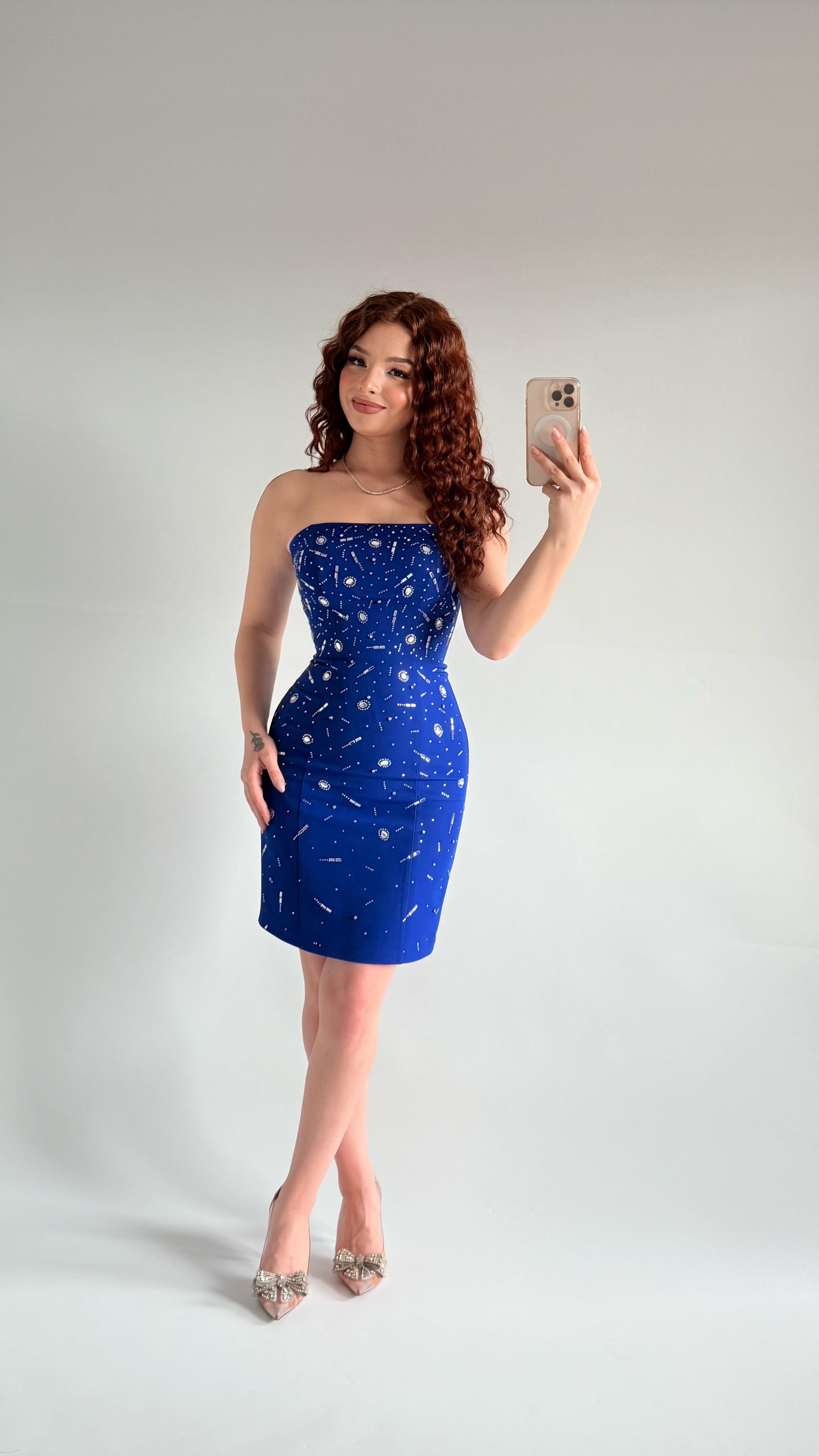 Luxury Straplez Taşlı Mini Abiye Saks