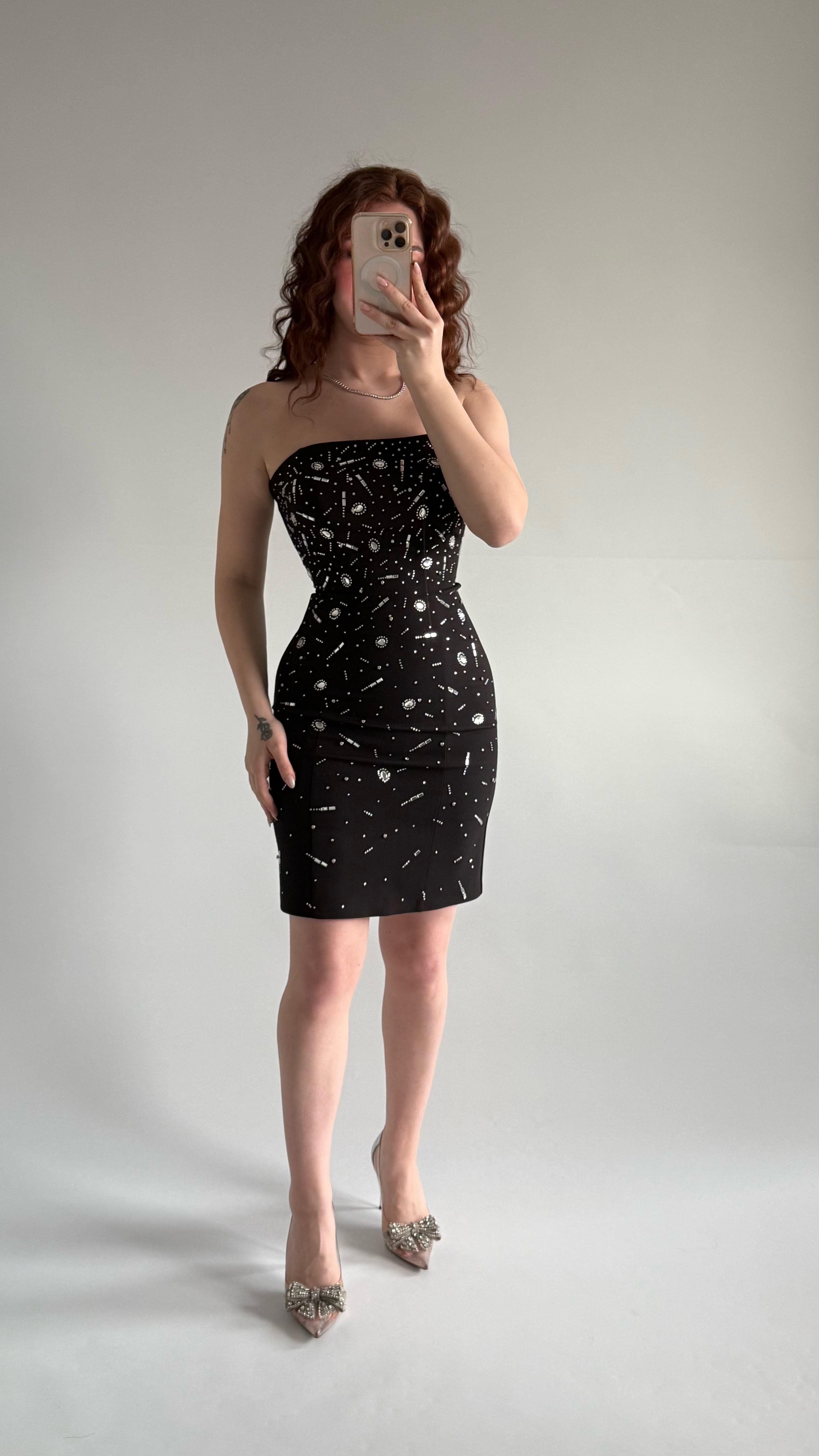 Luxury Straplez Taşlı Mini Abiye Siyah 