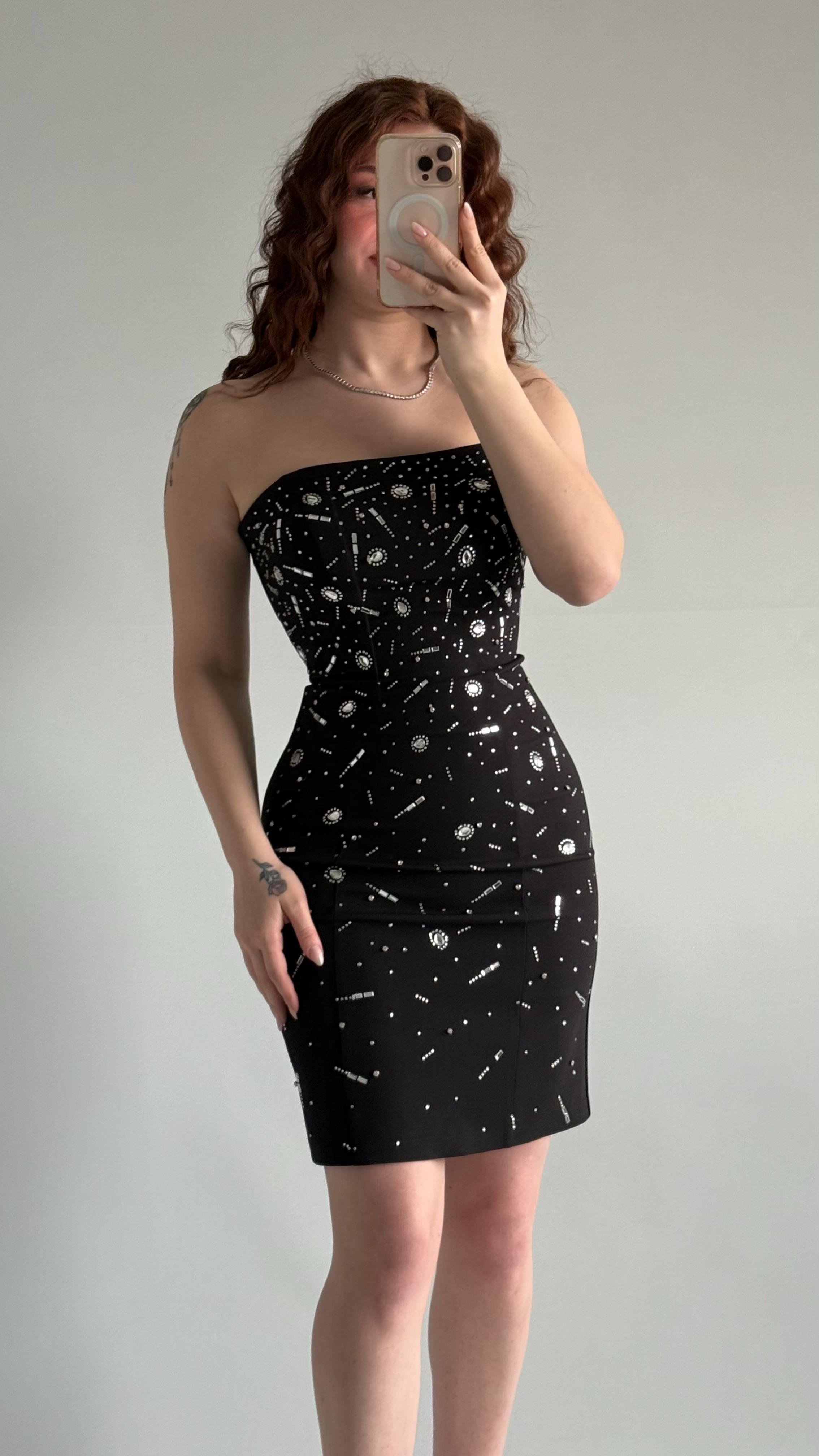 Luxury Straplez Taşlı Mini Abiye Siyah 