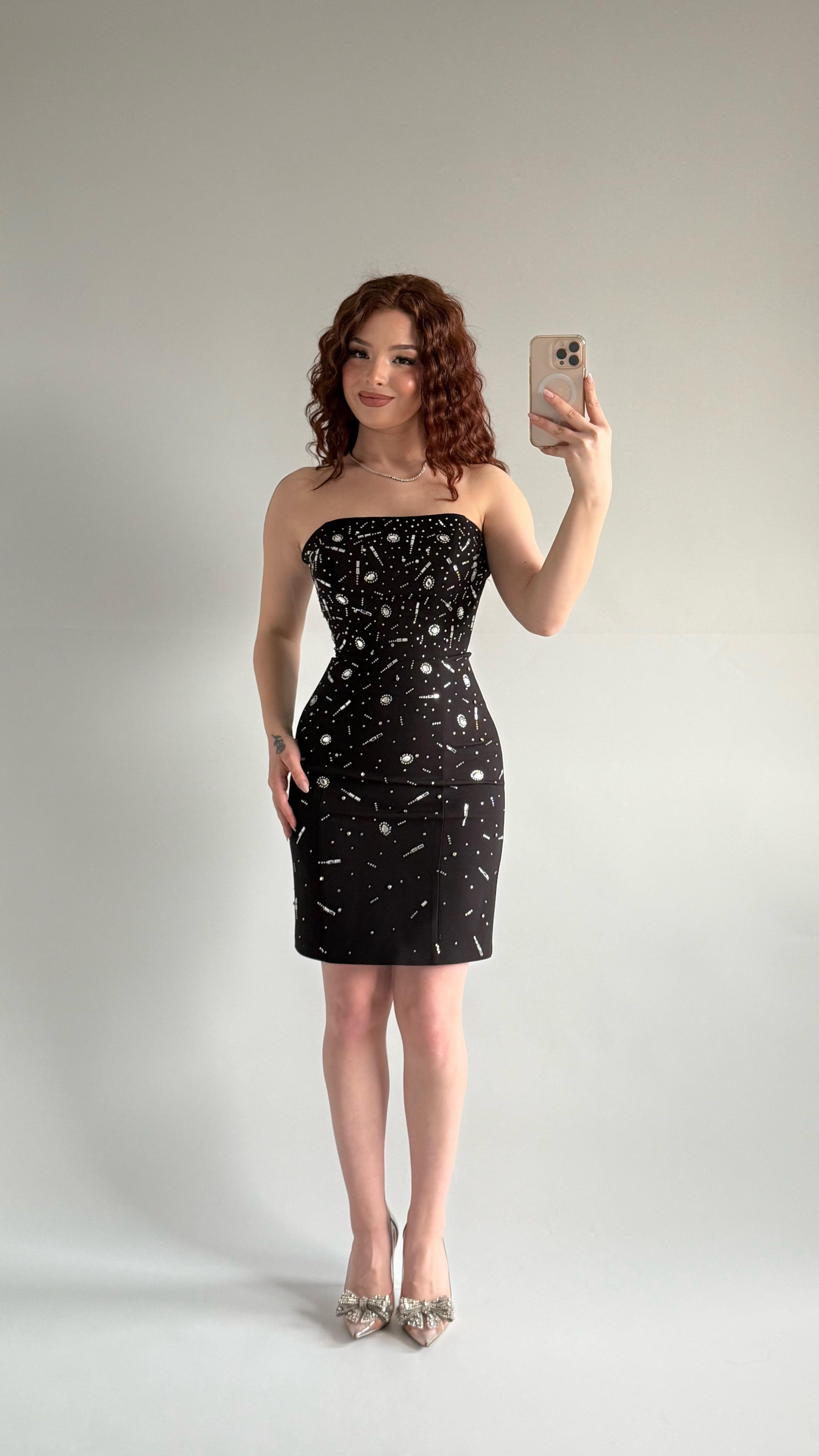 Luxury Straplez Taşlı Mini Abiye Siyah 