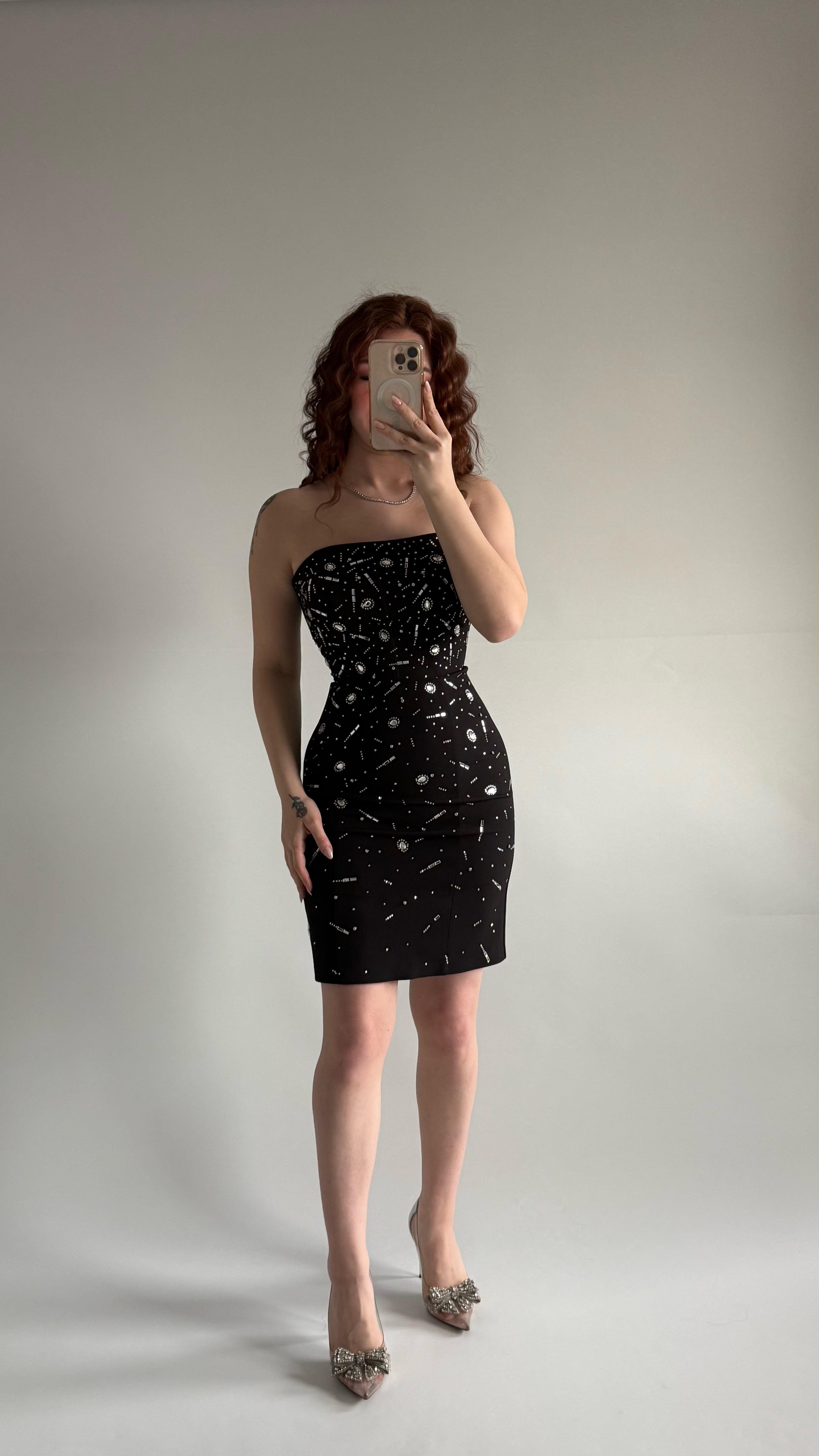 Luxury Straplez Taşlı Mini Abiye Siyah 